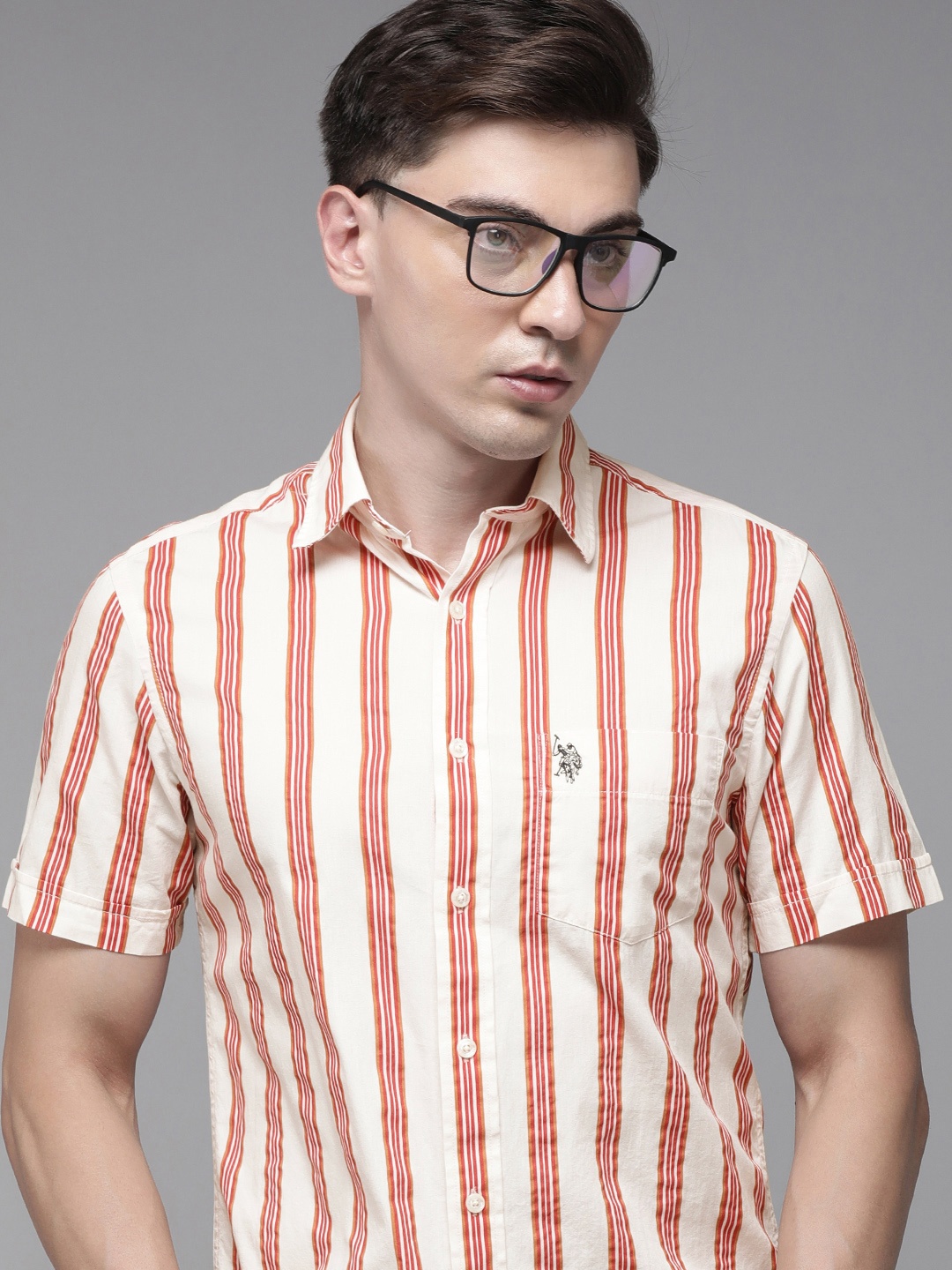 

U S Polo Assn Men Off White Tailored Fit Striped Casual Shirt