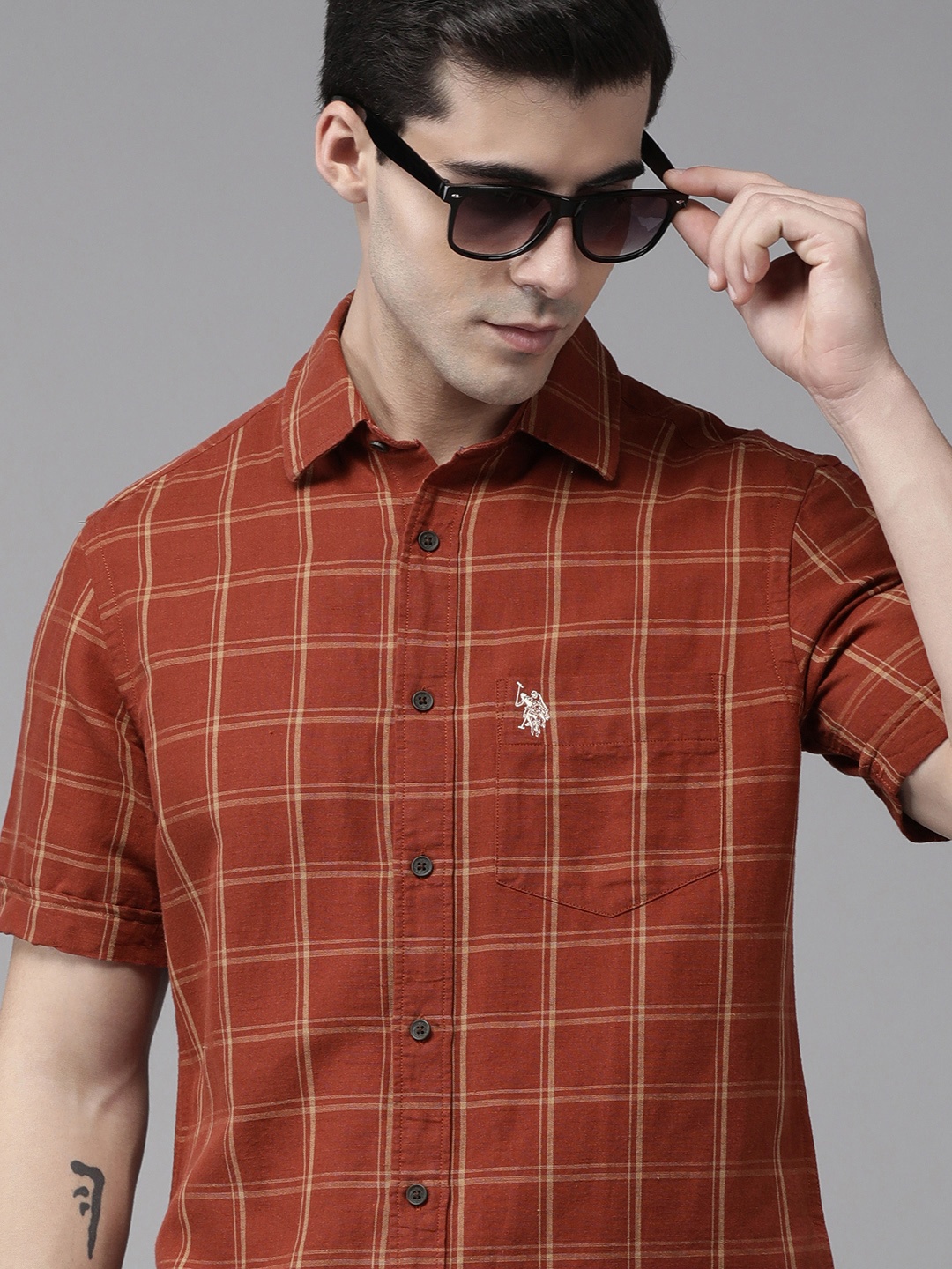 

U S Polo Assn Men Rust Red Tailored Fit Windowpane Checked Casual Shirt
