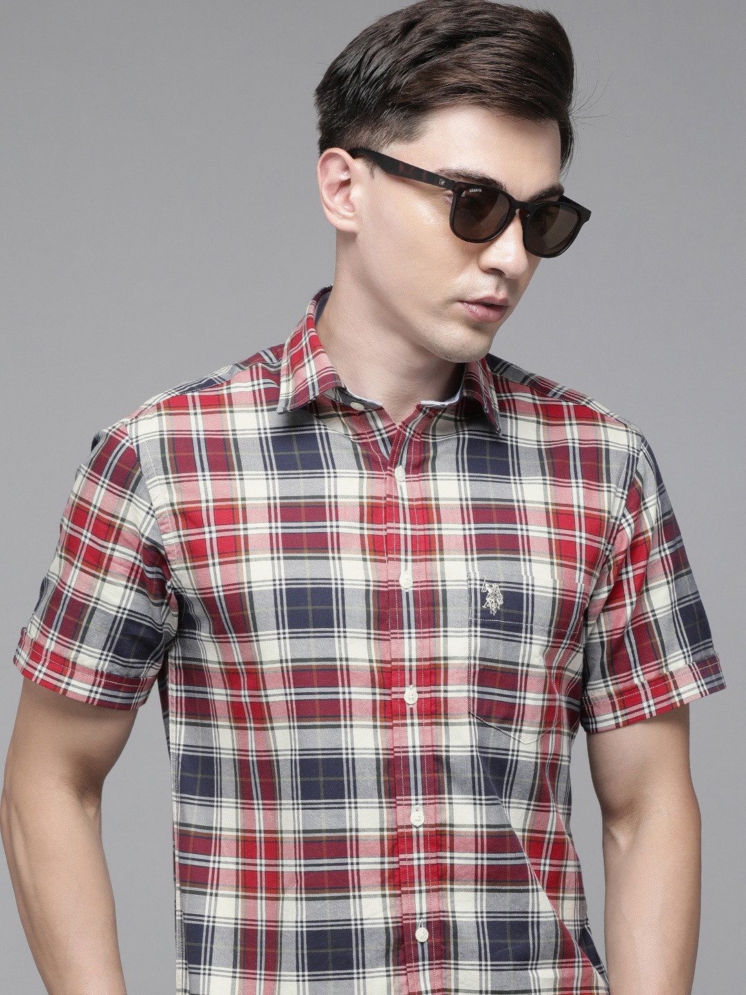 

U.S. Polo Assn. Men Red & White Tailored Fit Checked Pure Cotton Casual Shirt