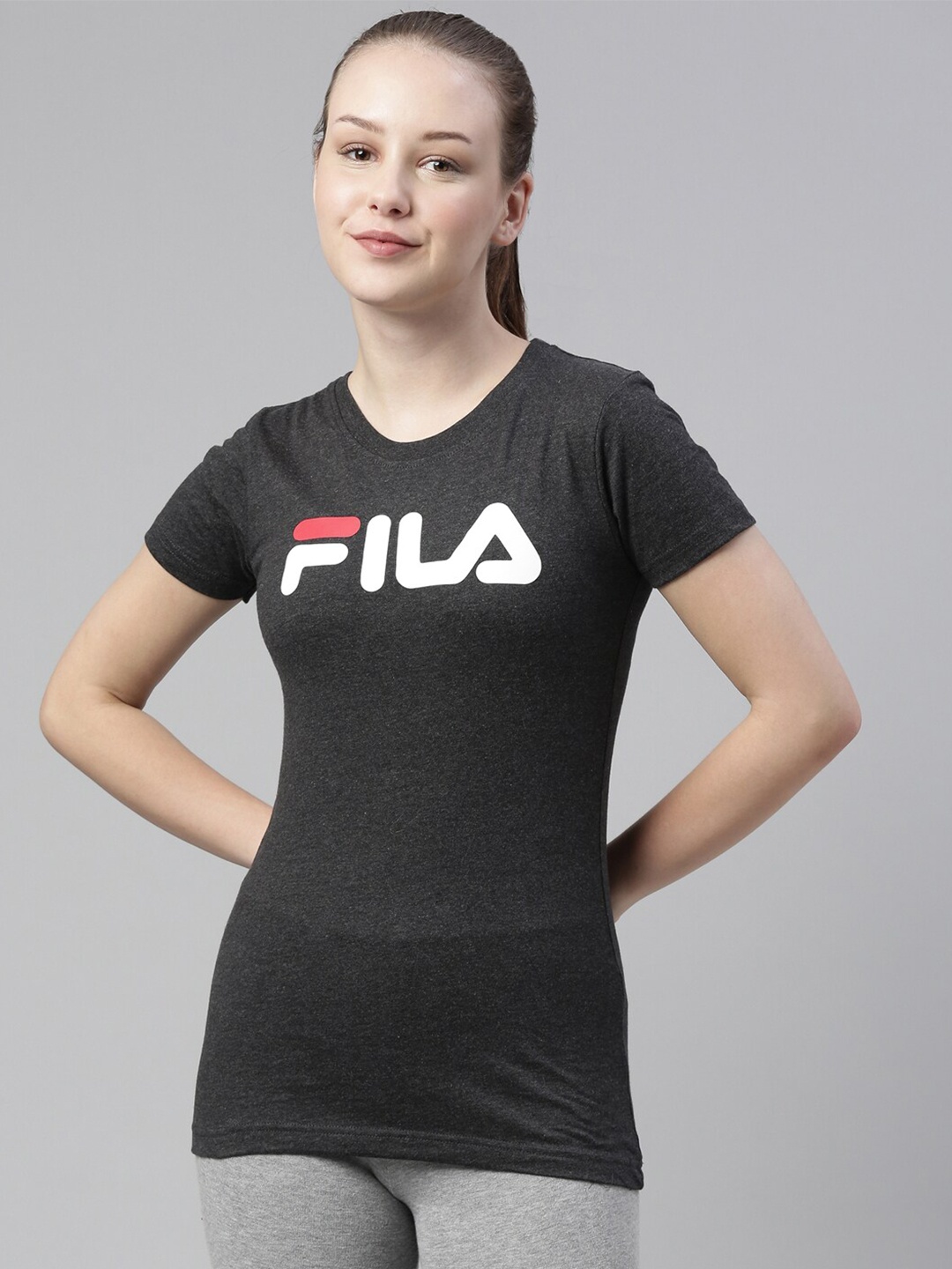 

FILA Women Black & White Brand Logo Printed T-shirt