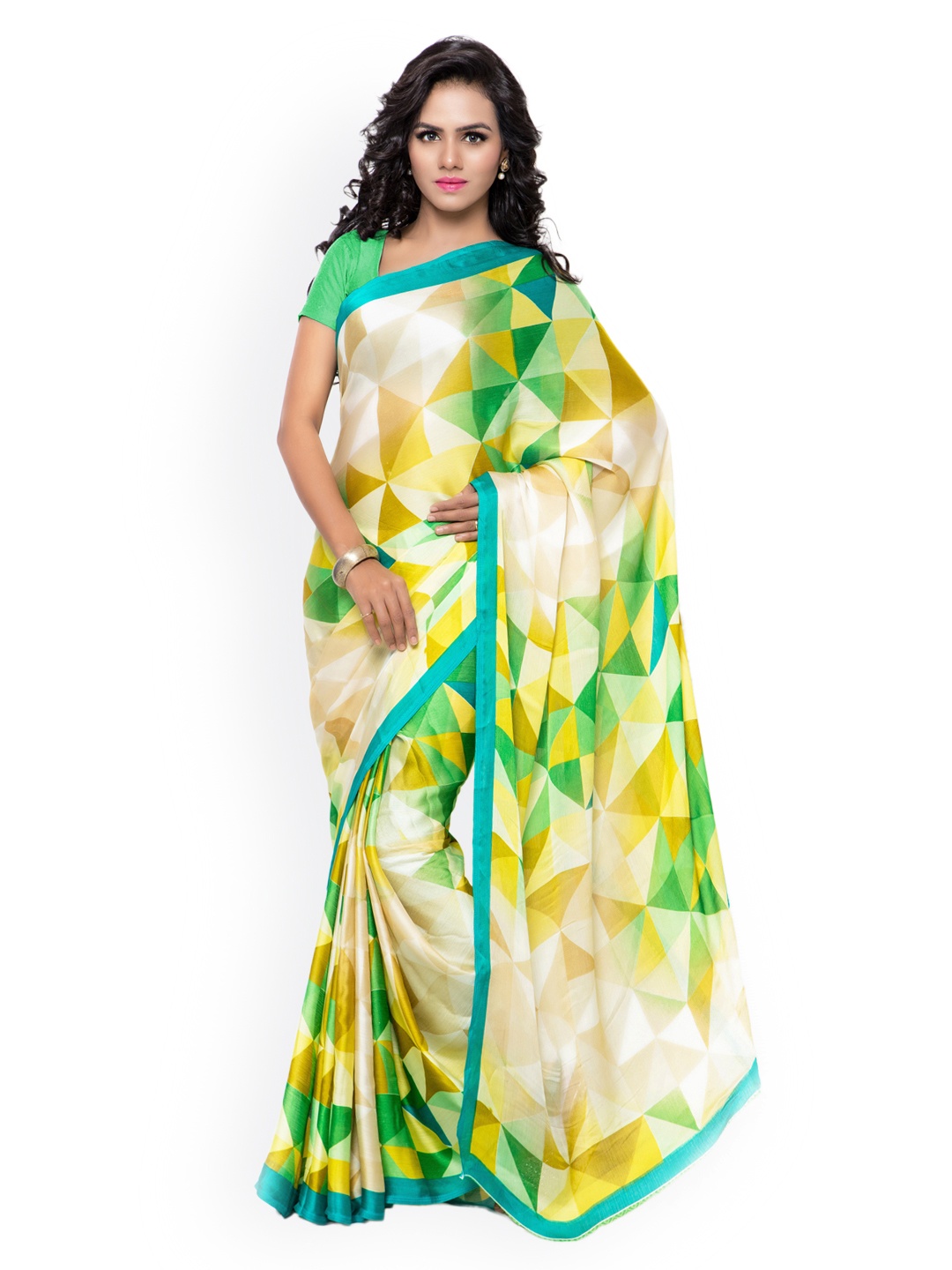 

Triveni Beige & Green Crepe Printed Saree