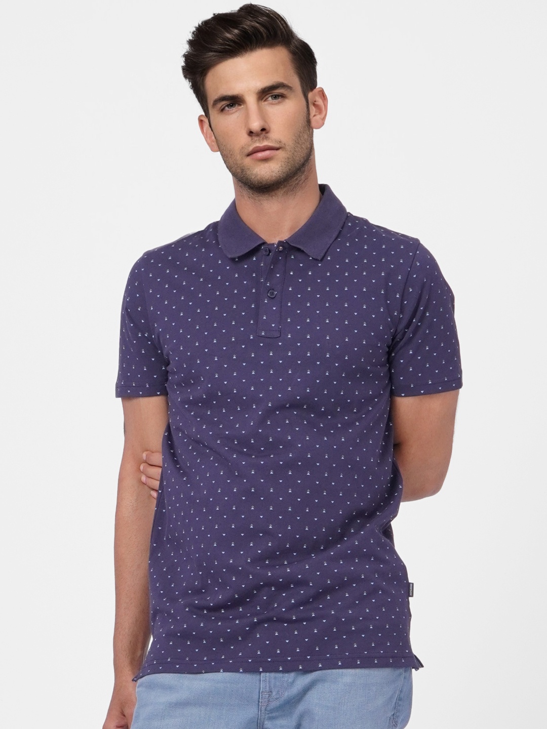 

Jack & Jones Men Blue & White Micro Ditsy Printed Cotton Polo Collar T-shirt