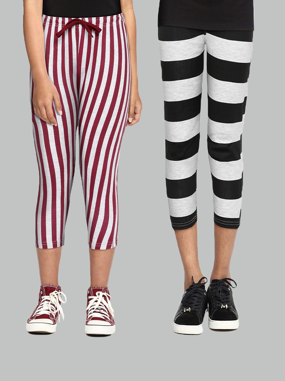 

SEYBIL Girls Grey Pack Of 2 Melange & White Striped Capris, Grey melange