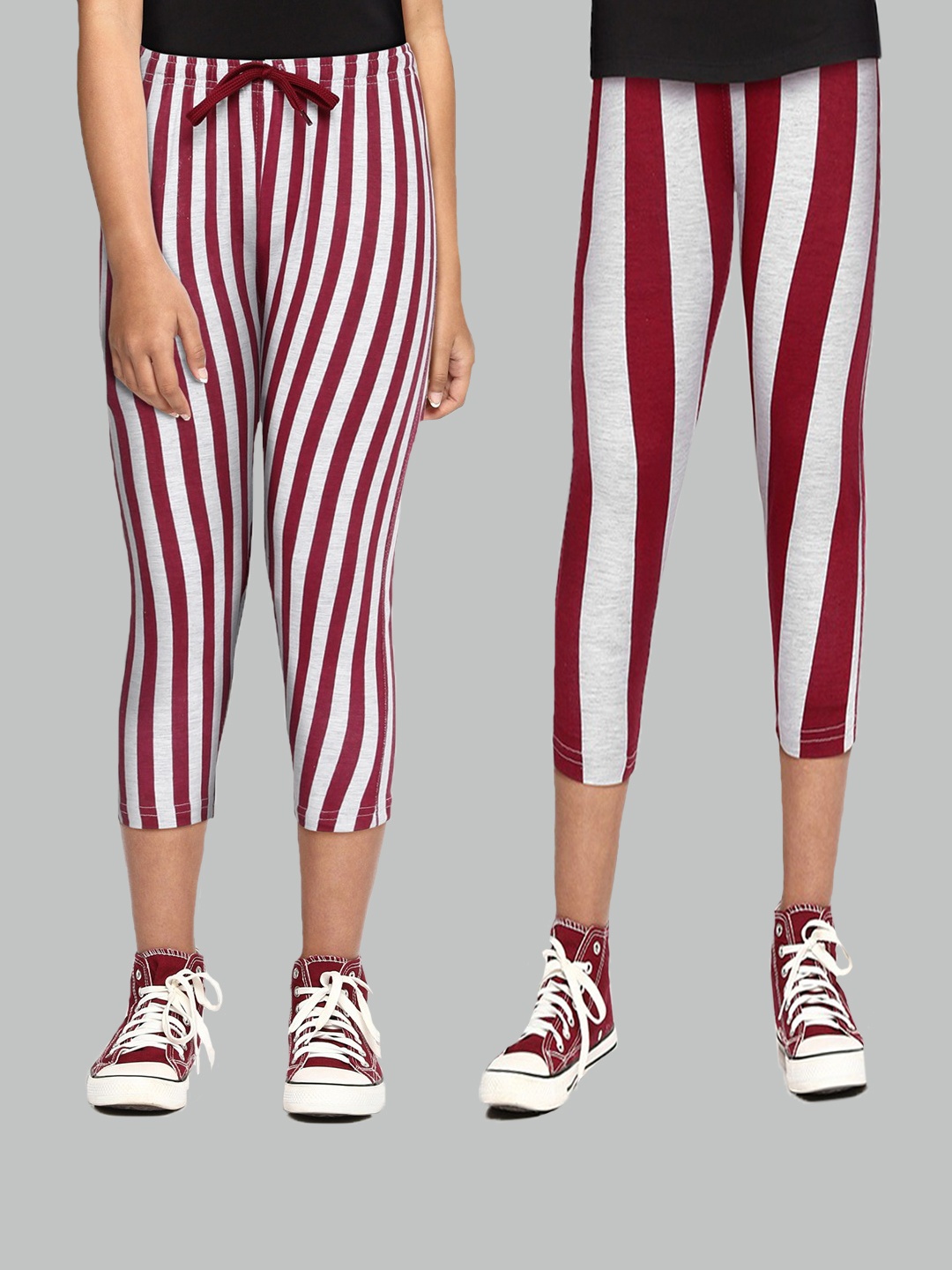 

SEYBIL Girls Pack Of 2 Grey Melange & Magenta Striped Capris