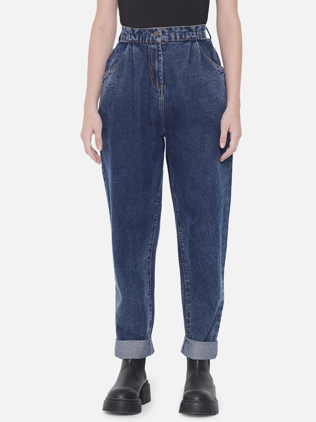 

Orchid Blues Women Blue High-Rise Cotton Pleated Mom jeans