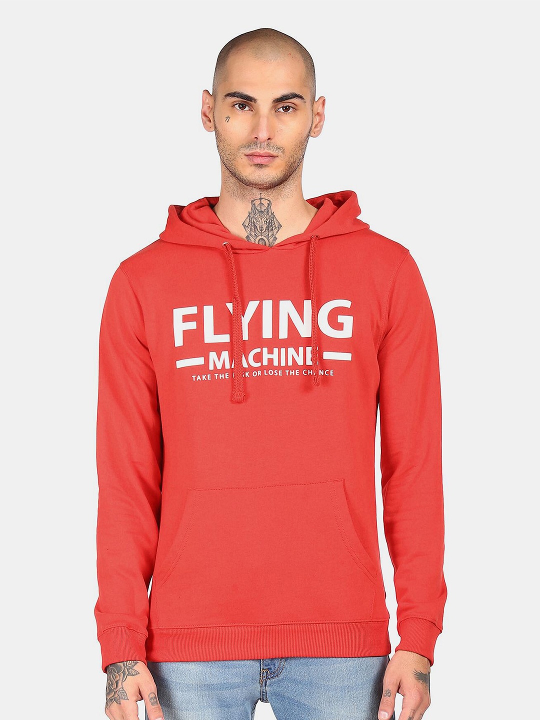 

Flying Machine Men Red Printed Hooded Sweatshirt