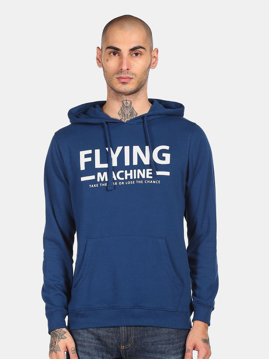 

Flying Machine Men Blue Printed Hooded Sweatshirt