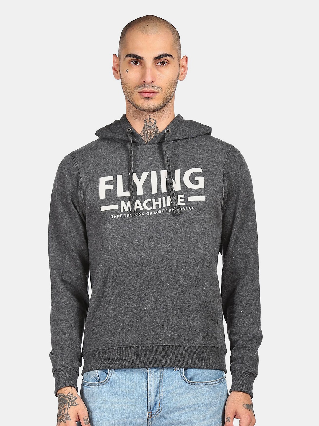

Flying Machine Men Grey Printed Hooded Sweatshirt