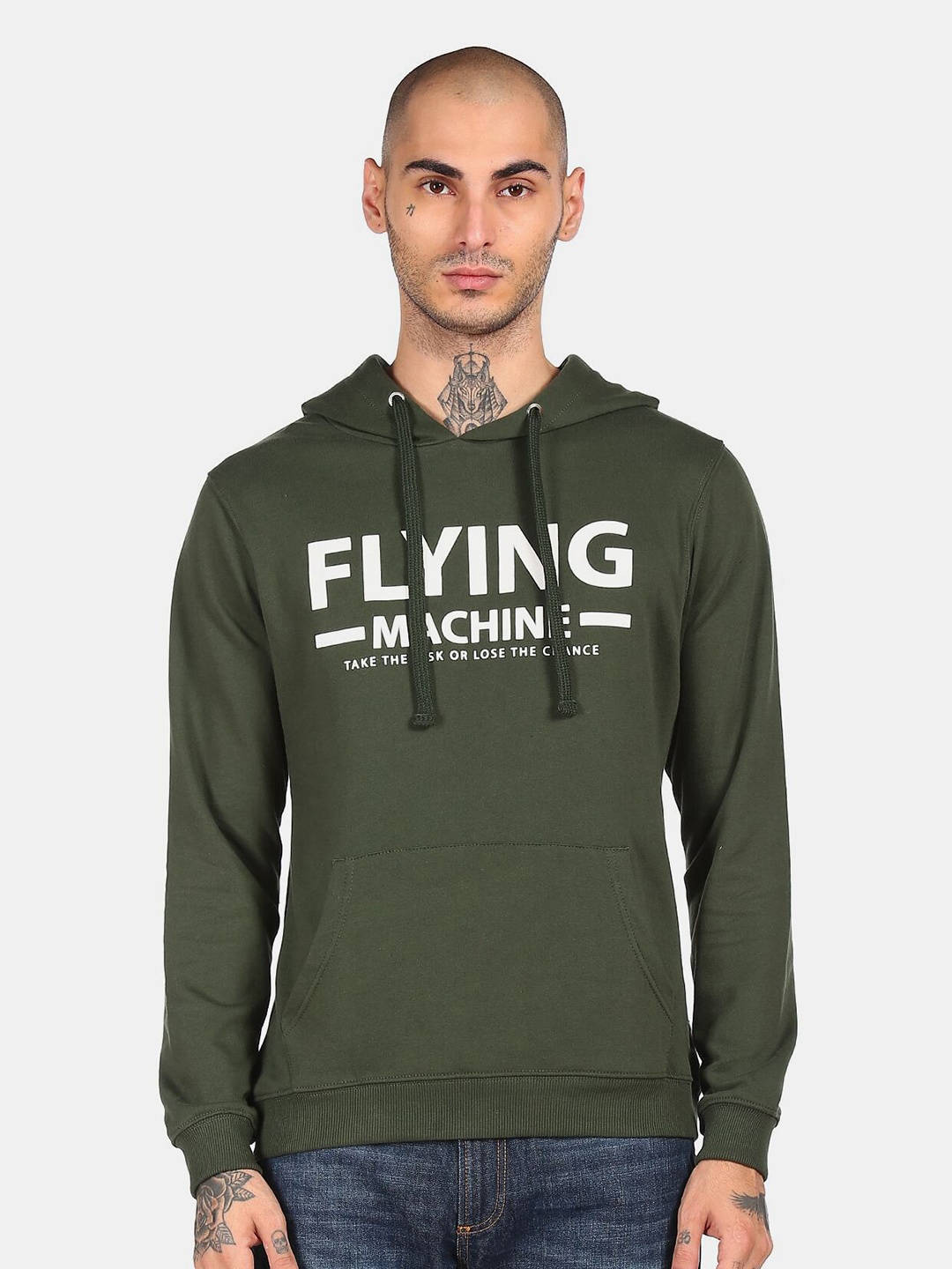 

Flying Machine Men Green Printed Hooded Sweatshirt