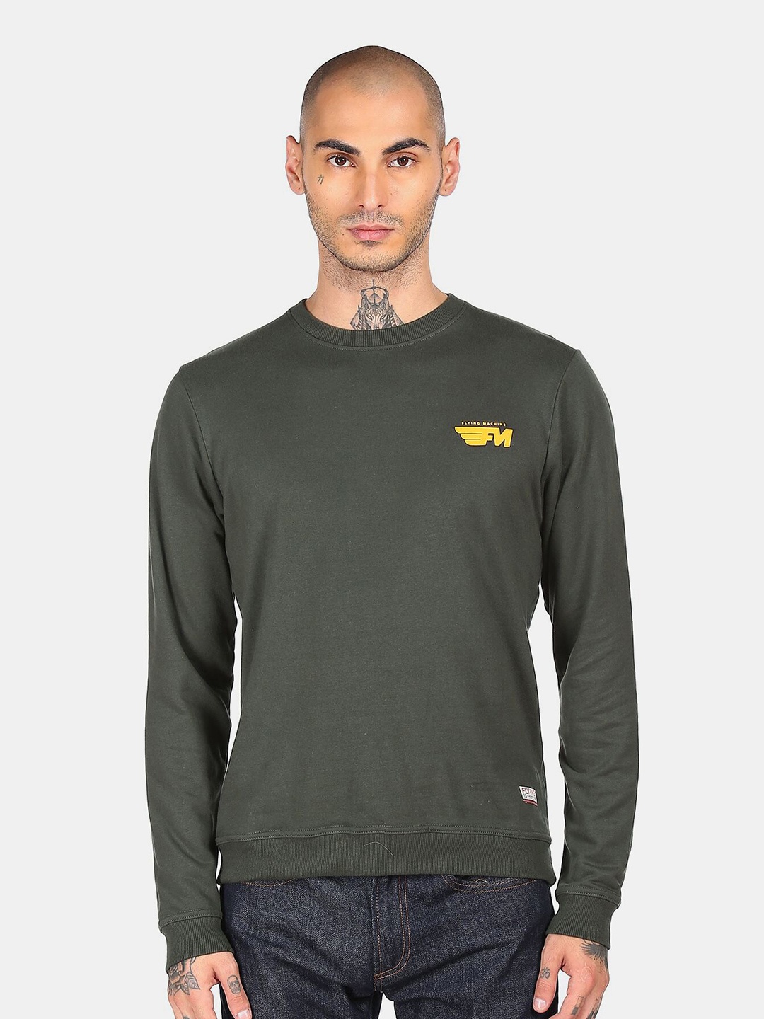 

Flying Machine Men Green Solid Sweatshirt