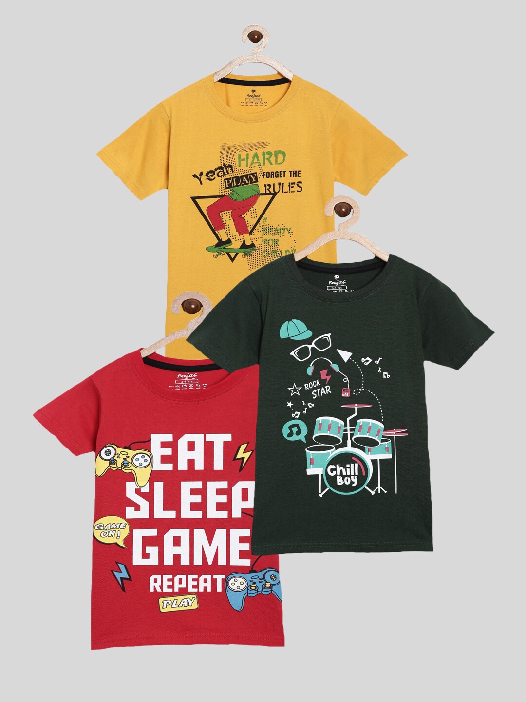 

Peejas Boys Pack Of 3 Typography Printed Pure Cotton T-shirt, Mustard