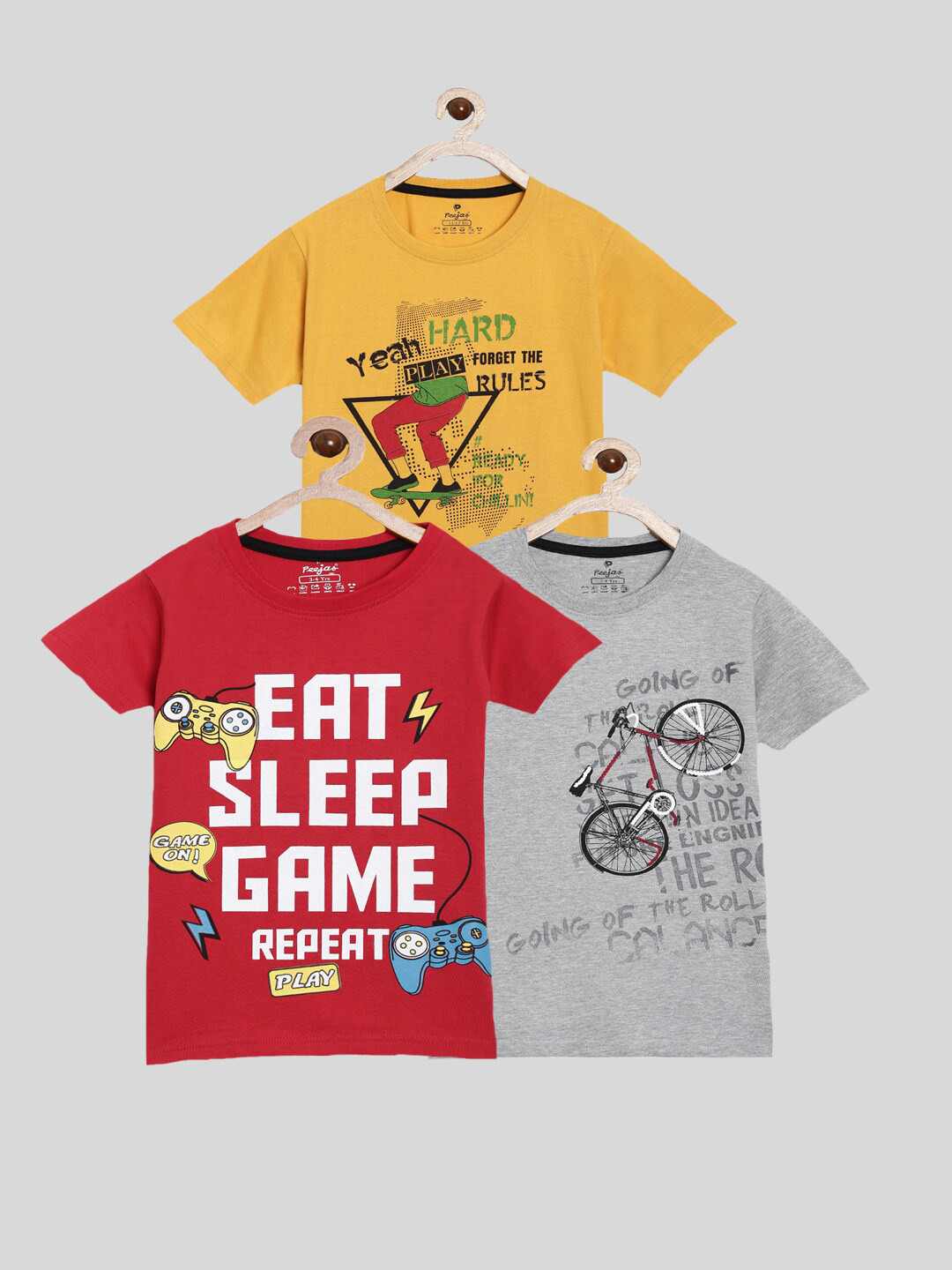 

Peejas Boys Pack Of 3 Mustard Yellow & Red Typography Printed Pure Cotton T-shirt