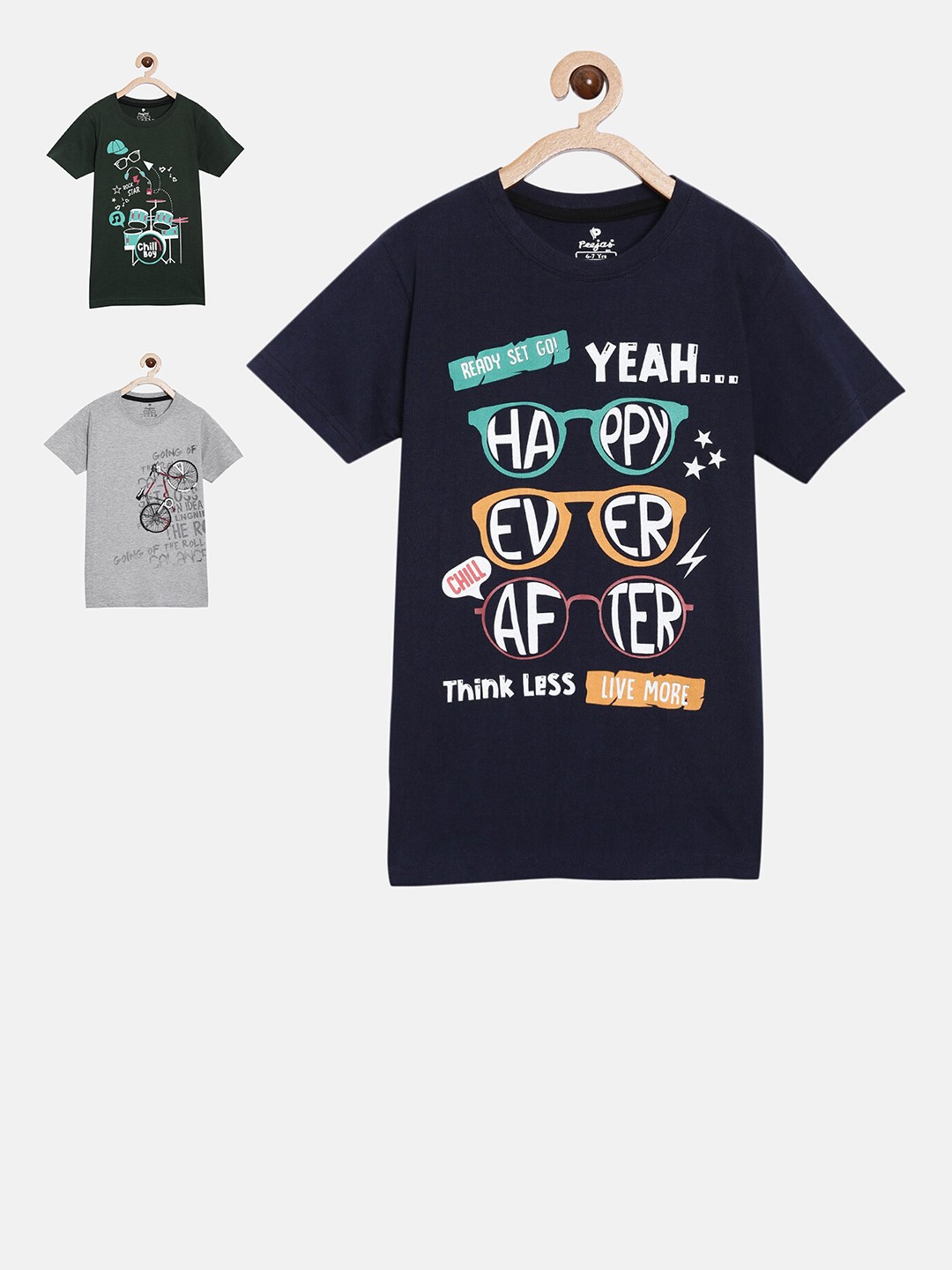 

Peejas Boys Pack of 3 Green, Grey & Navy Typography Printed Applique T-shirt