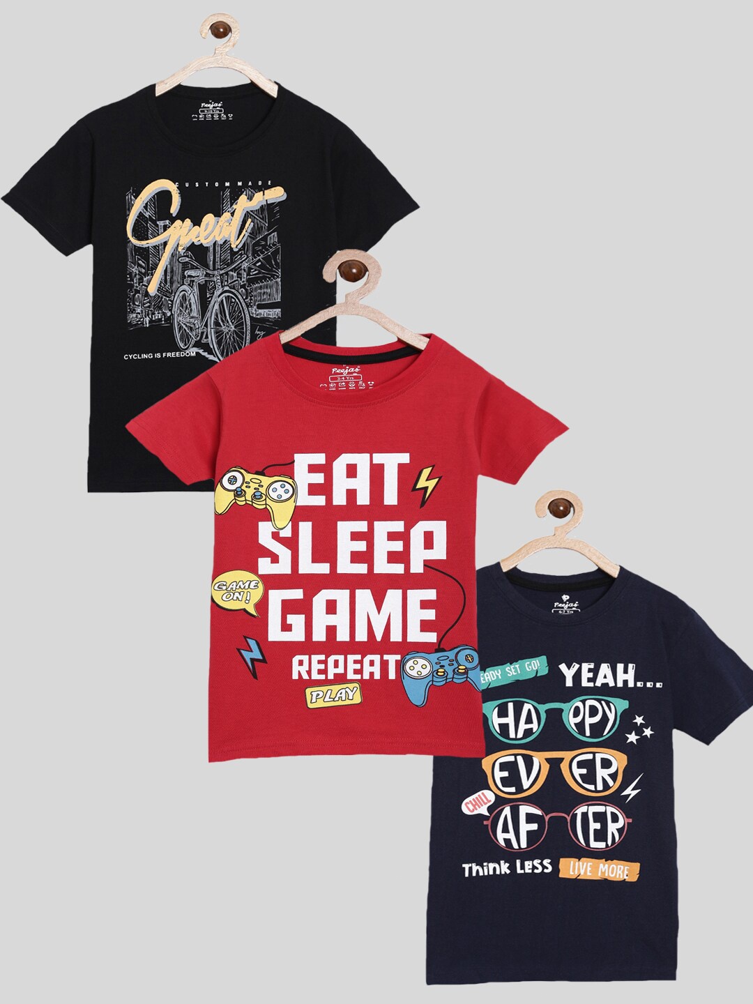 

Peejas Boys Pack Of 3 Black & Red Typography Printed Pure Cotton T-shirts