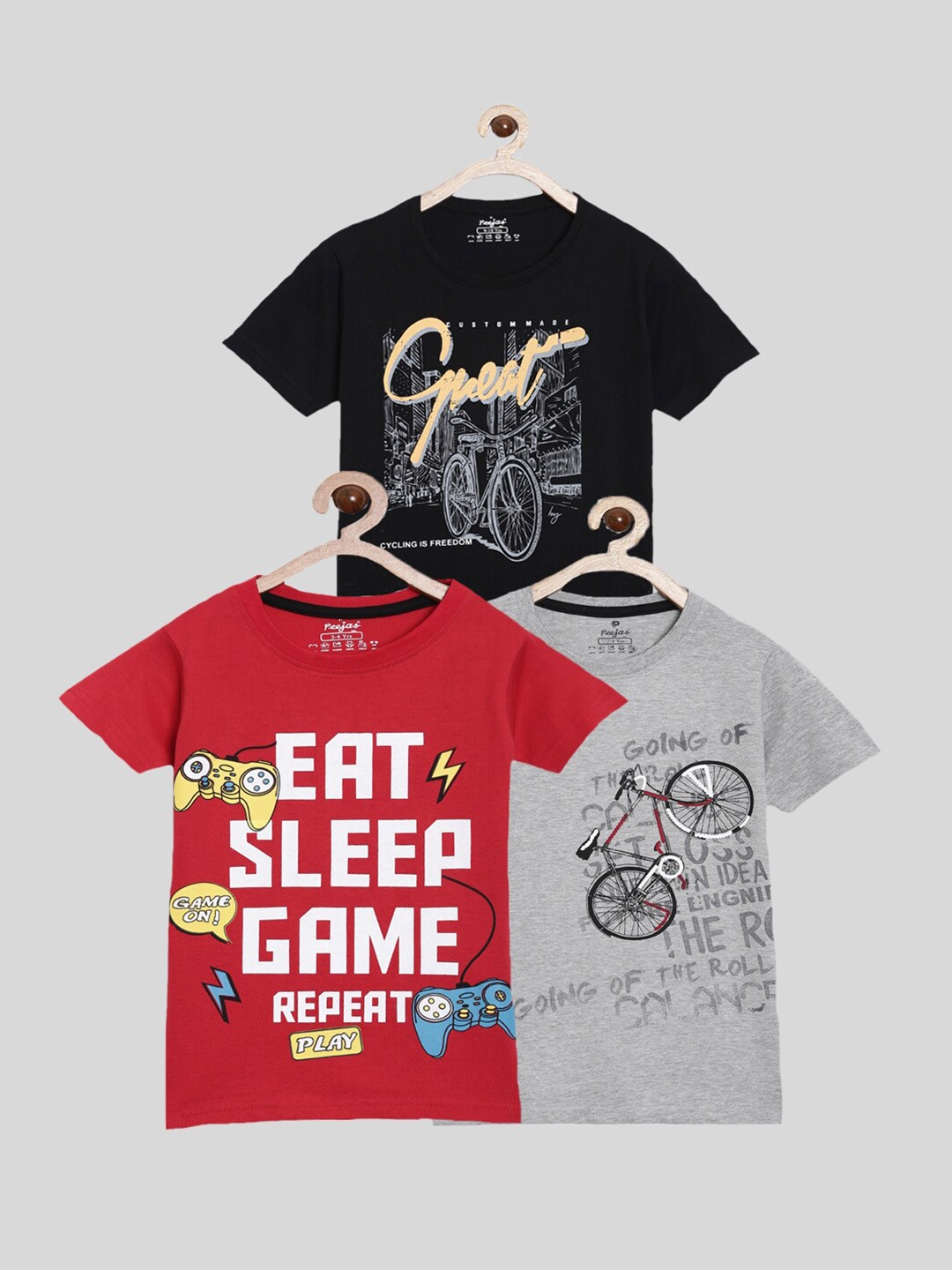 

Peejas Boys Pack of 3 Multicoloured Printed Pure Cotton T-shirts, Multi