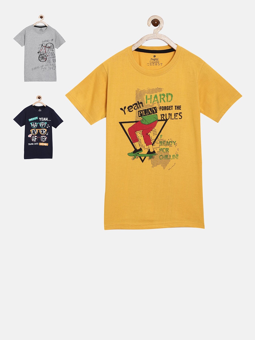 

Peejas Boys Pack Of 3 Graphic Printed Pure Cotton T-shirt, Grey melange