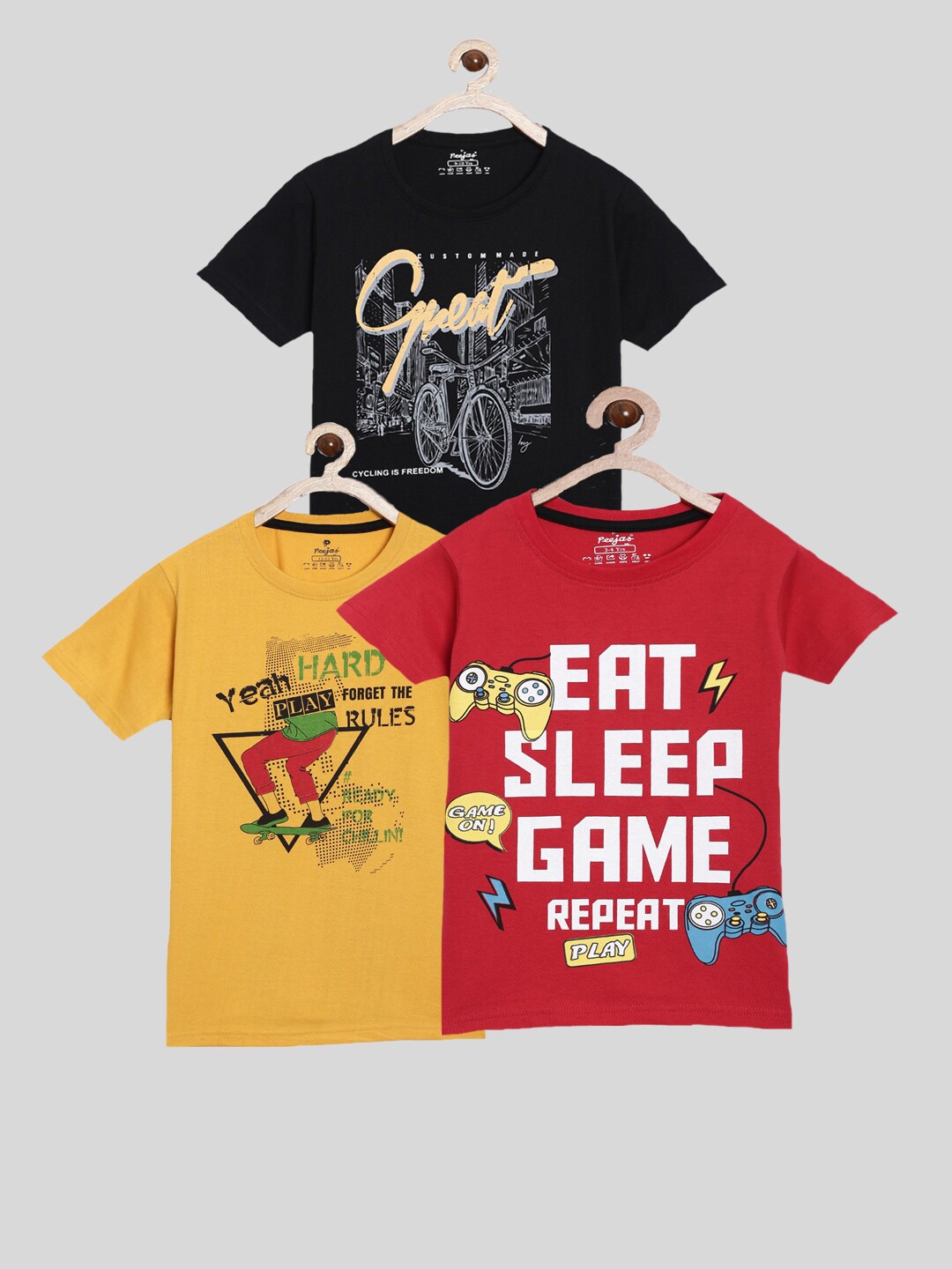 

Peejas Boys Pack of 3 Printed Pure Cotton T-shirts, Red