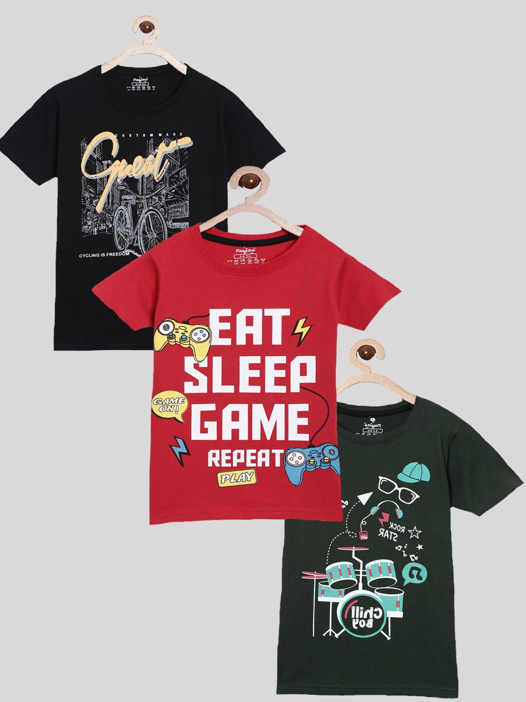 

Peejas Boys Pack Of 3 Pure Cotton Printed T-shirt, Black