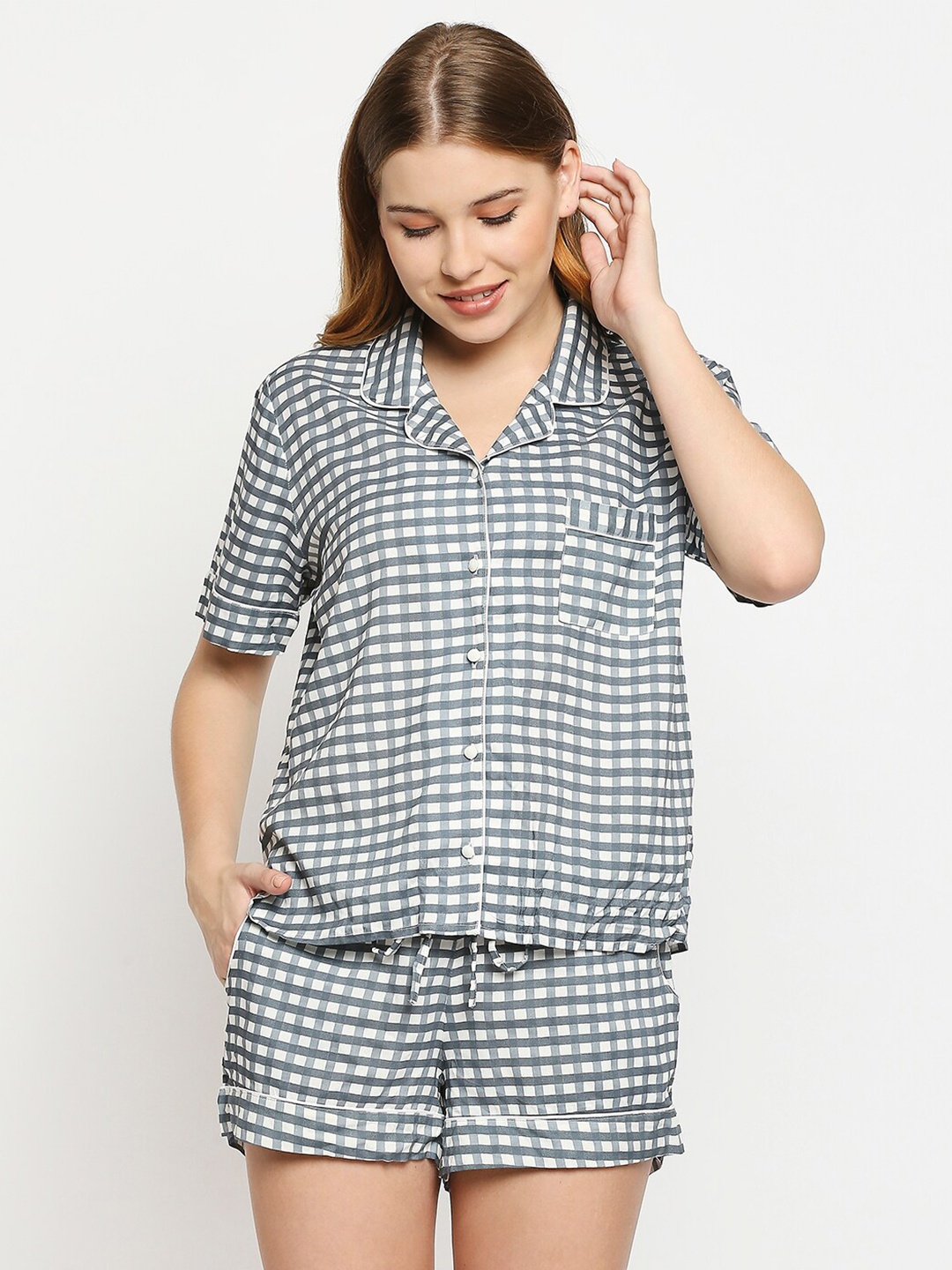 

aaliya Grey Checked Shirt Checked Pyjama Set