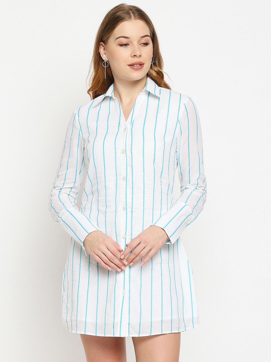 

aaliya White & Blue Striped Shirt Mini Dress