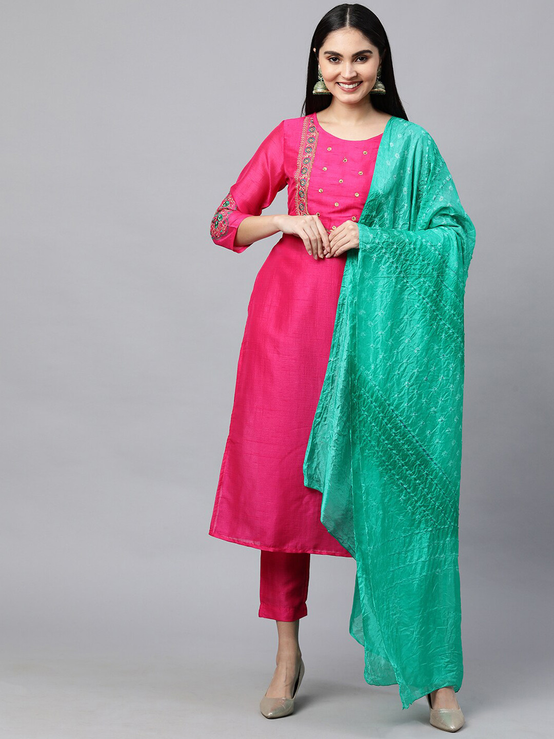 

FASHOR Women Pink Ethnic Motifs Embroidered Dupion Silk Kurta with Trousers & Dupatta