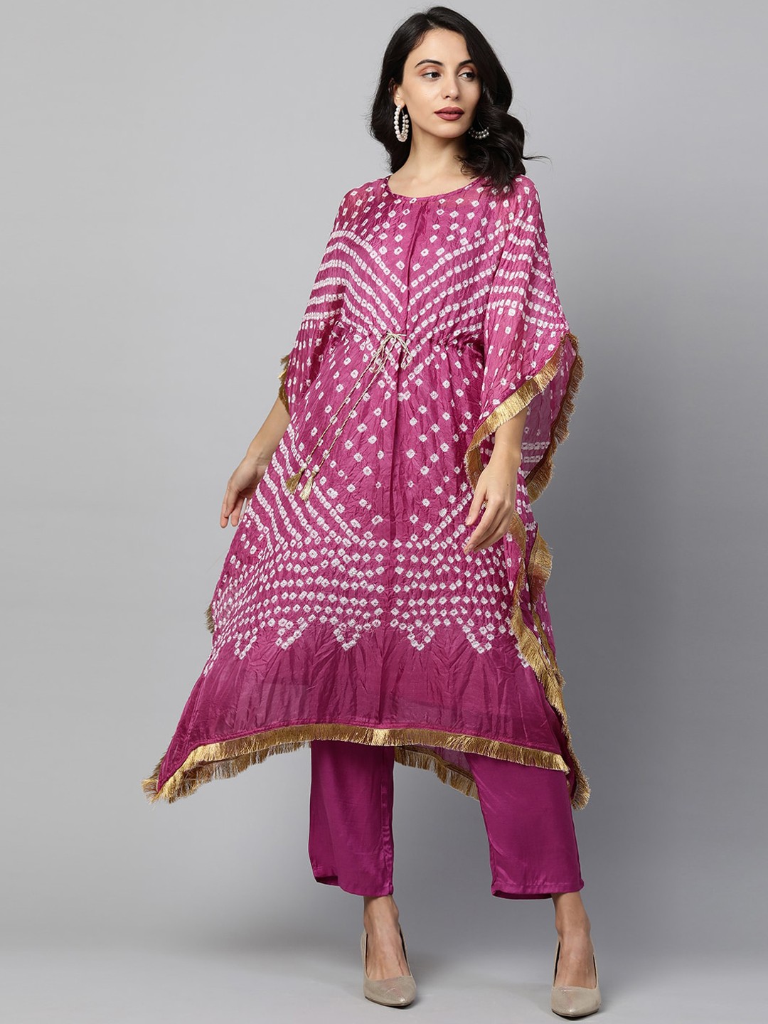 

FASHOR Women Purple Bandhani Printed Gotta Patti Kaftan Kurta with Trousers
