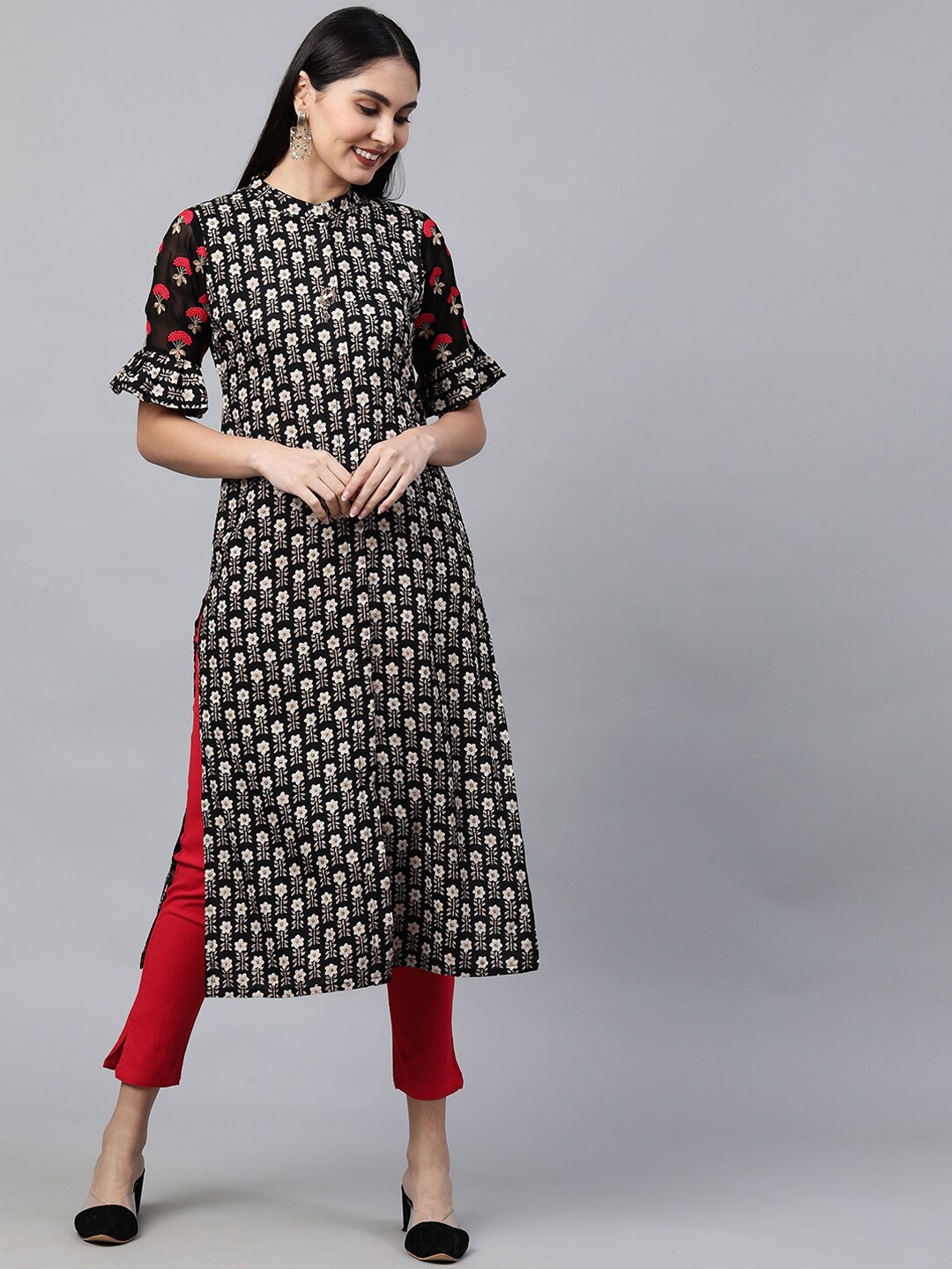 

FASHOR Women Black Embroidered Thread Work Kurta with Trousers