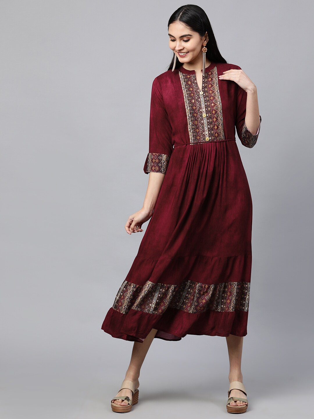 

FASHOR Burgundy Ethnic Motifs Ethnic A-Line Midi Dress