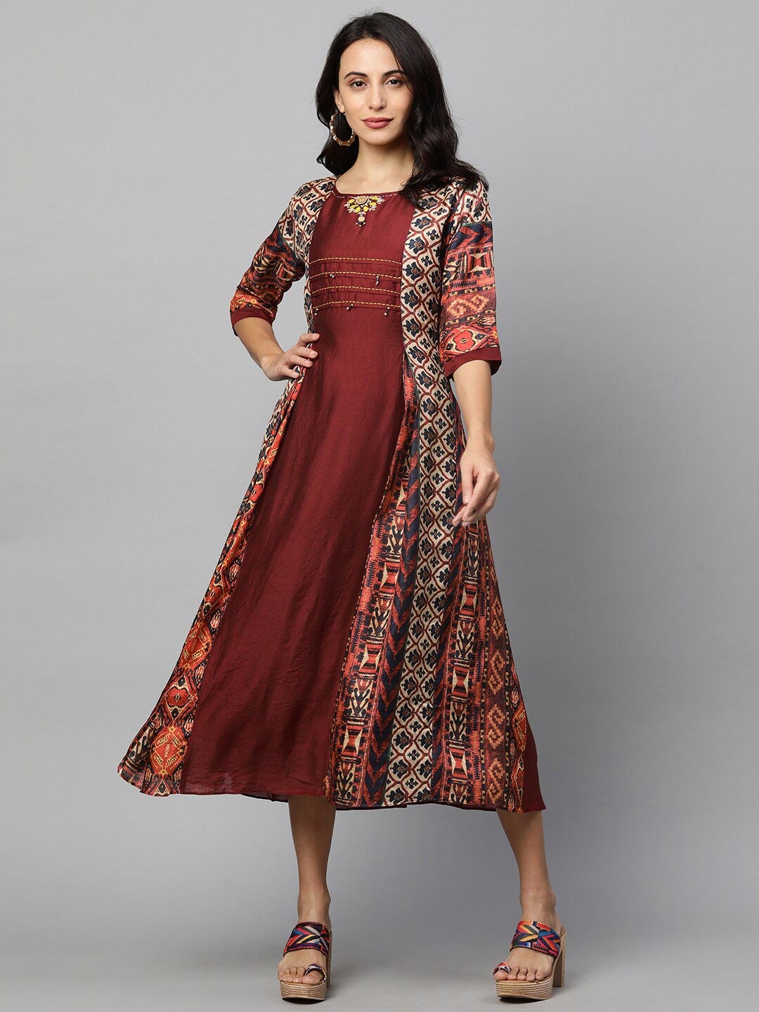 

FASHOR Maroon & philippine brown Ethnic Motifs Layered Ethnic A-Line Midi Dress