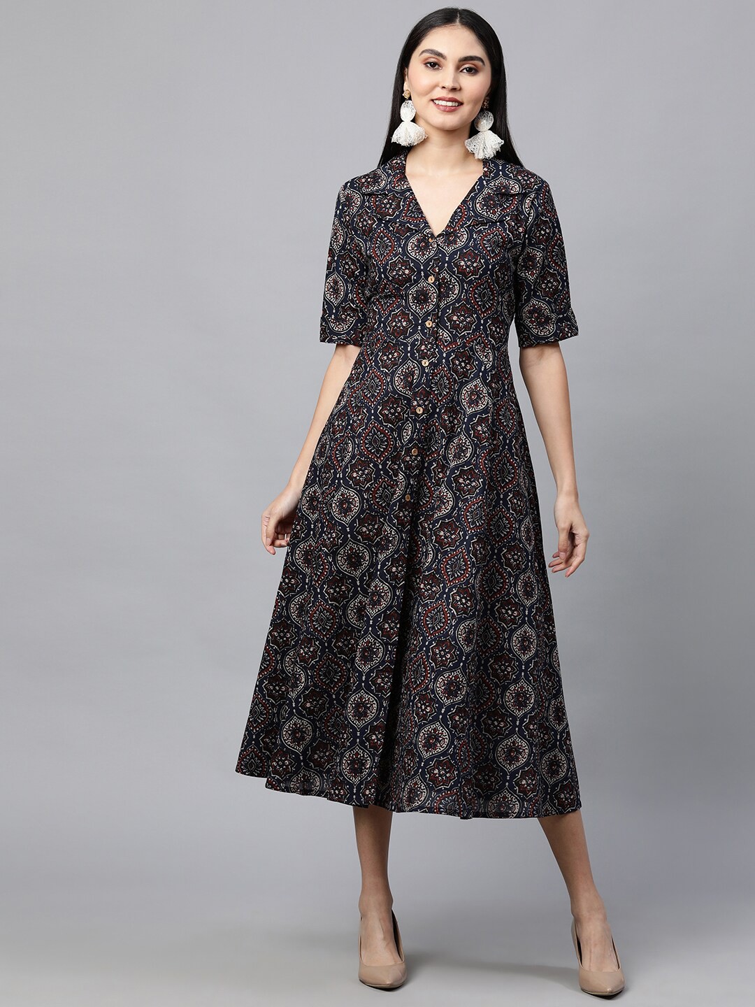

FASHOR Navy Blue & Red Ajrakh Printed Cotton A-Line Maxi Dress