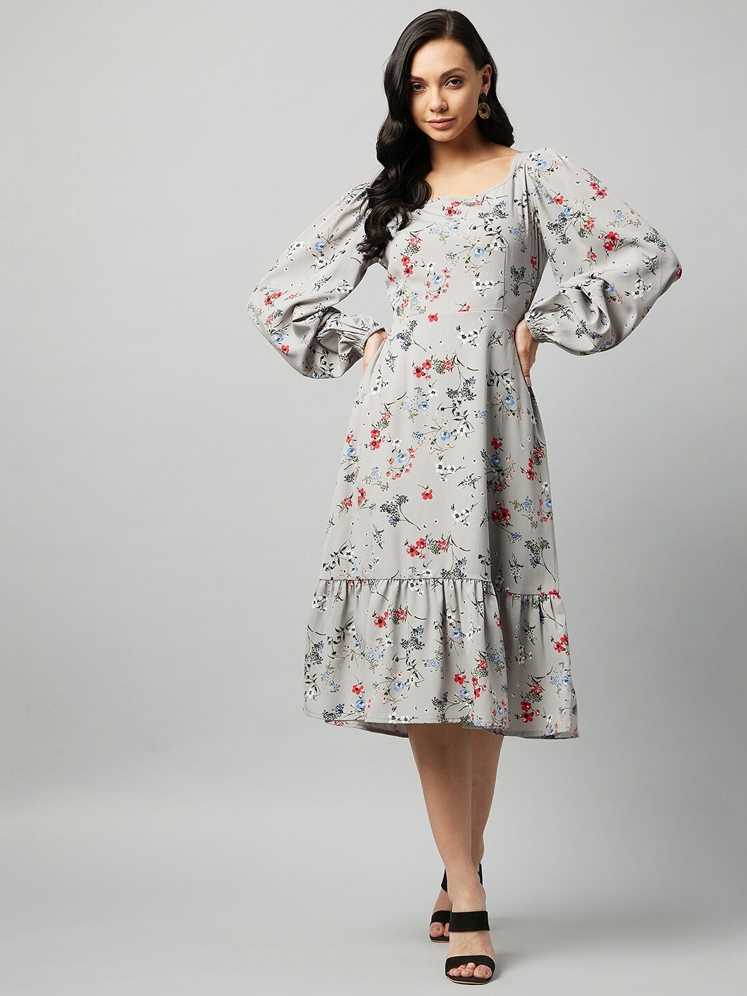 

Carlton London Grey Floral Crepe A-Line Dress