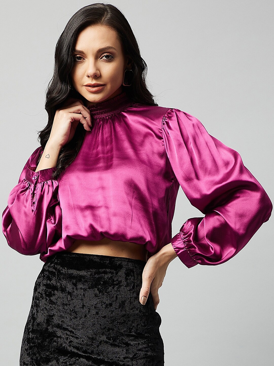 

Carlton London Purple Bishop Sleeves Blouson Crop Top