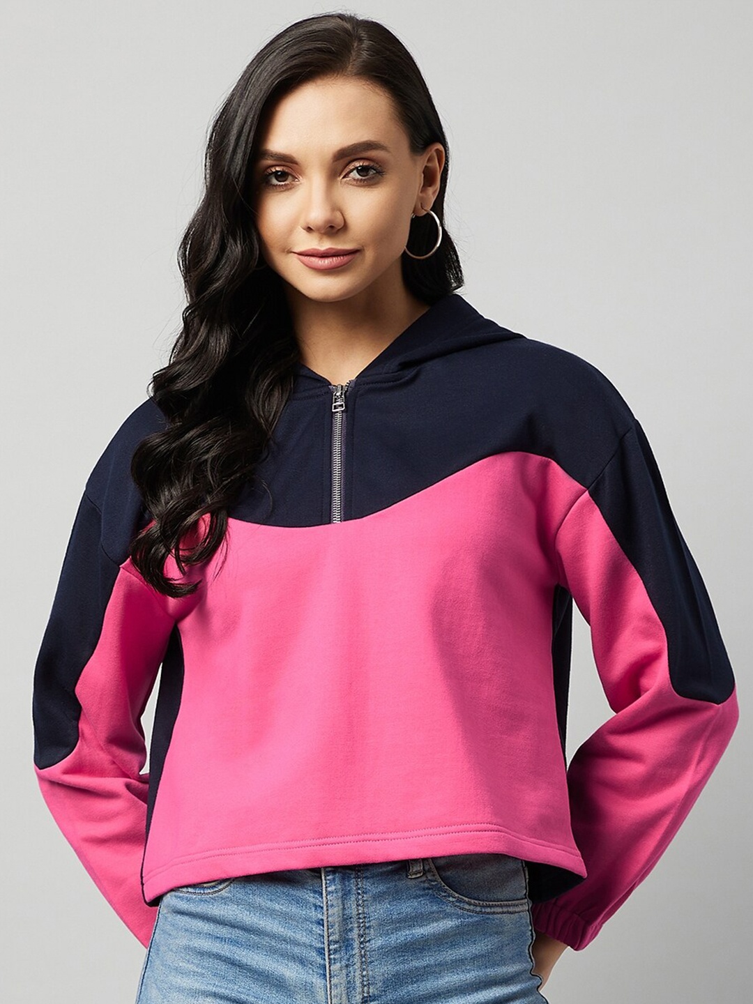 

Carlton London Women Navy Blue Colourblocked Hooded Sweatshirt