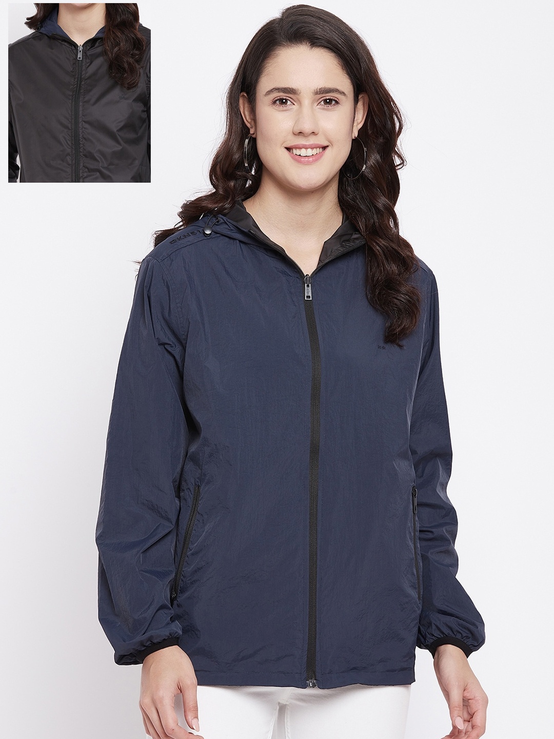 

Okane Women Navy Blue Reversible Longline Tailored Jacket