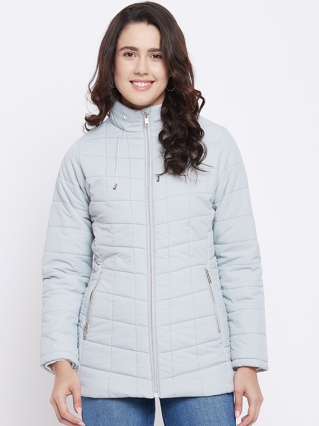 

Okane Women Blue Checked Lightweight Longline Padded Jacket