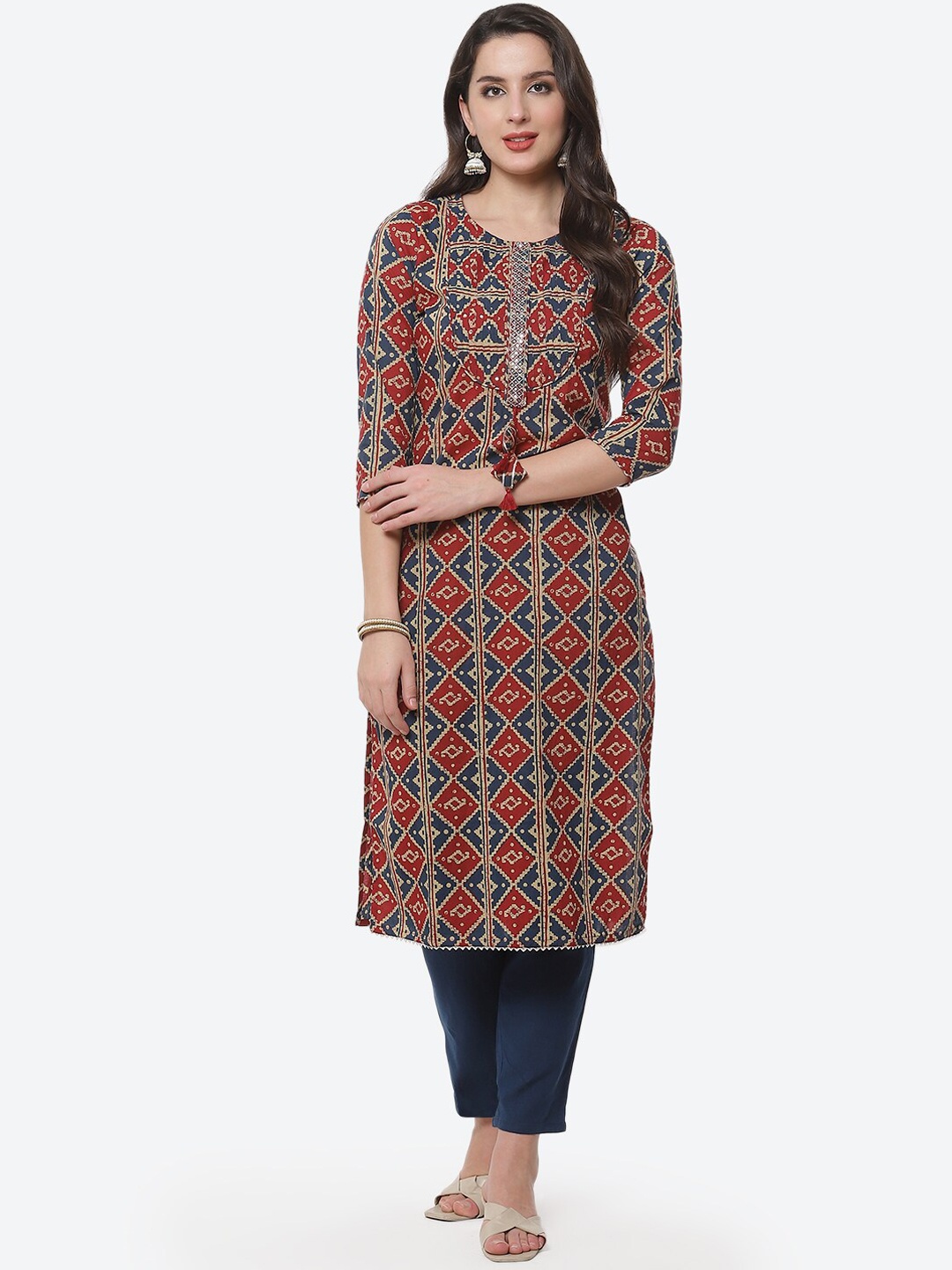 

Meena Bazaar Women Red Ethnic Motifs Printed Pure Cotton Kurta with Trousers