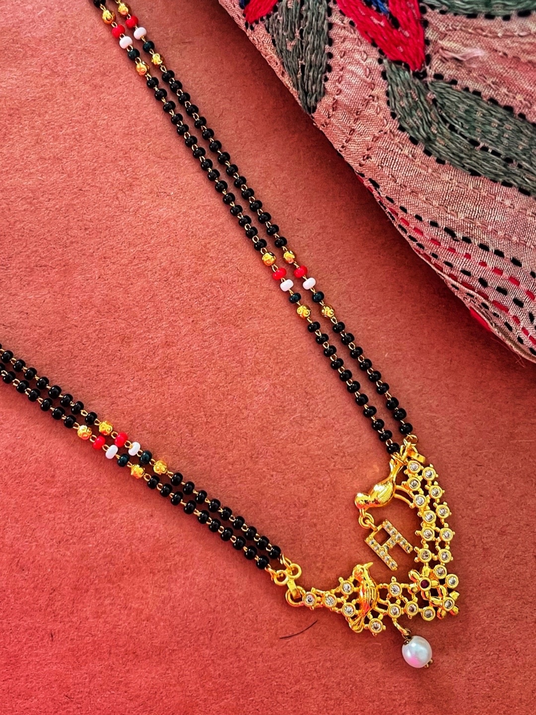 Digital Dress Room Gold-Plated Black Stone-Studded H-Alphabet Mangalsutra
