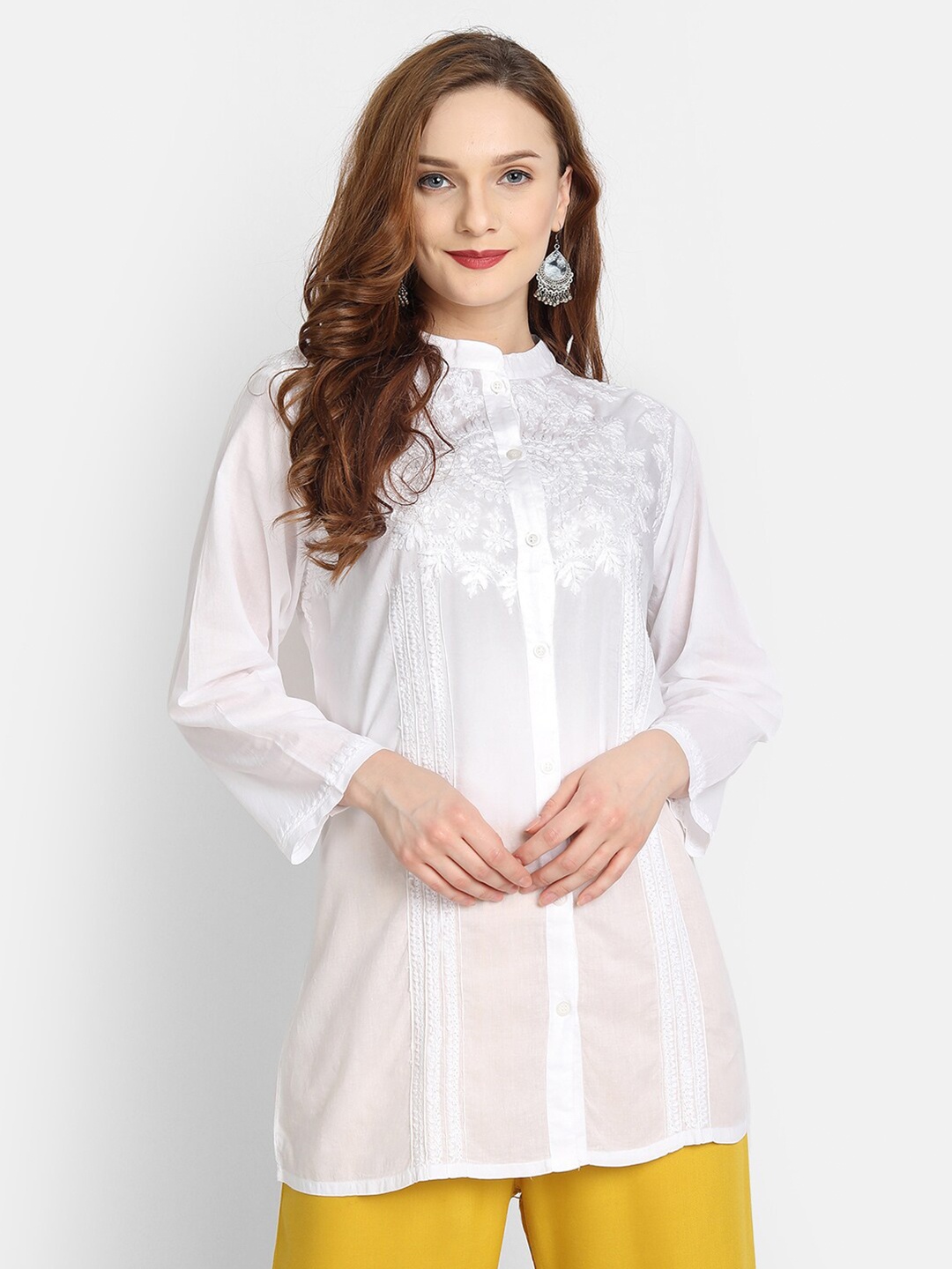 

HOUSE OF KARI White Mandarin Collar Chikankari Embroidered Tunic