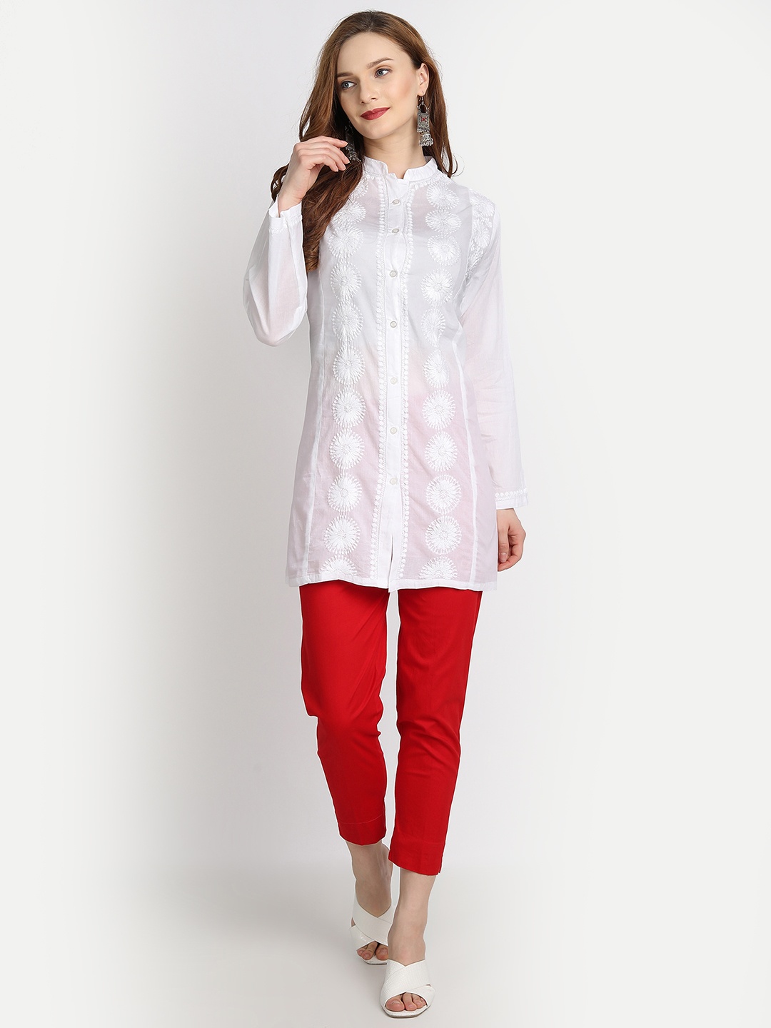 

HOUSE OF KARI White Mandarin Collar Embroidered Tunic