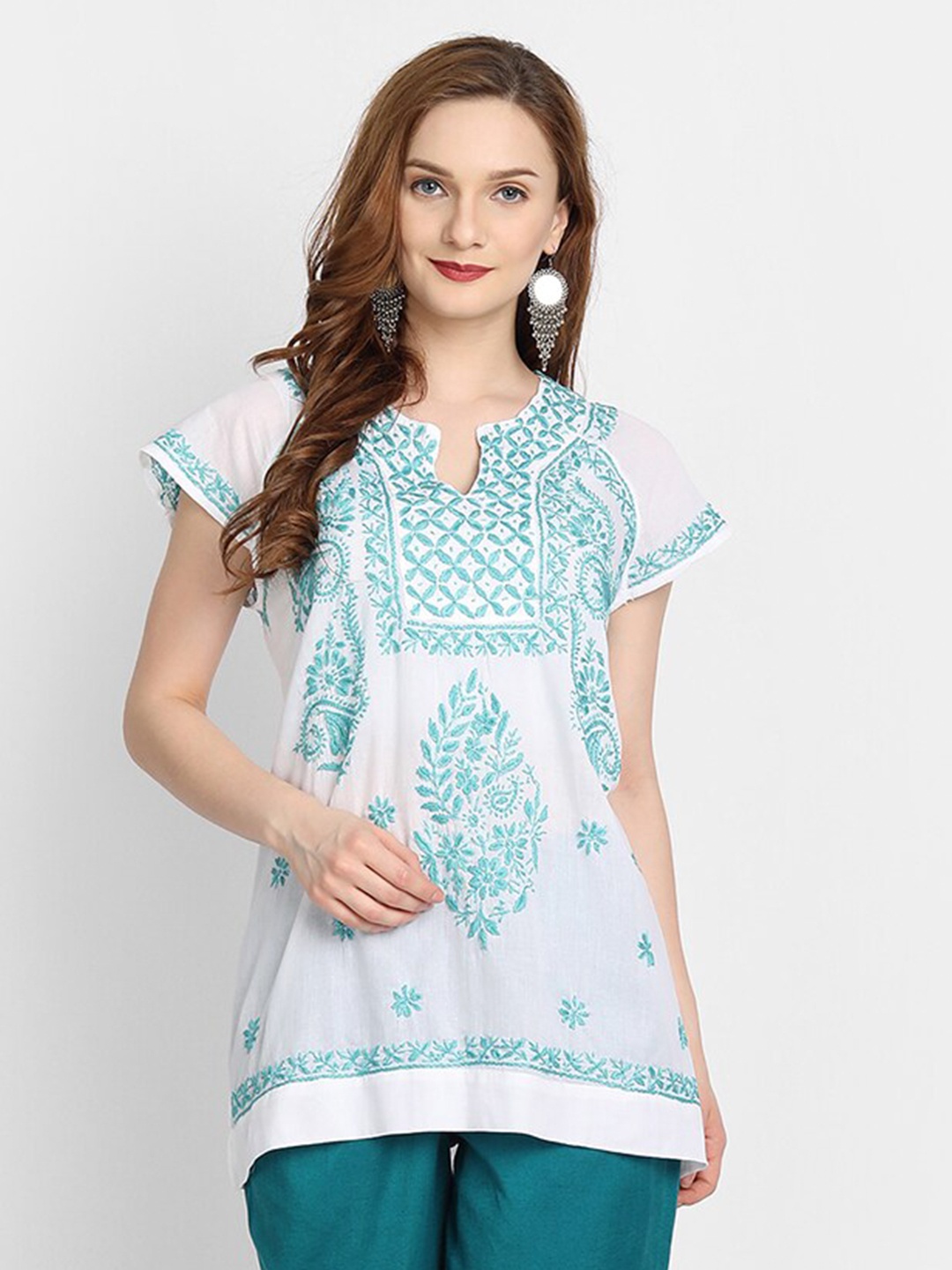 

HOUSE OF KARI Turquoise Blue & White Chickenkari Embroidered Tunic
