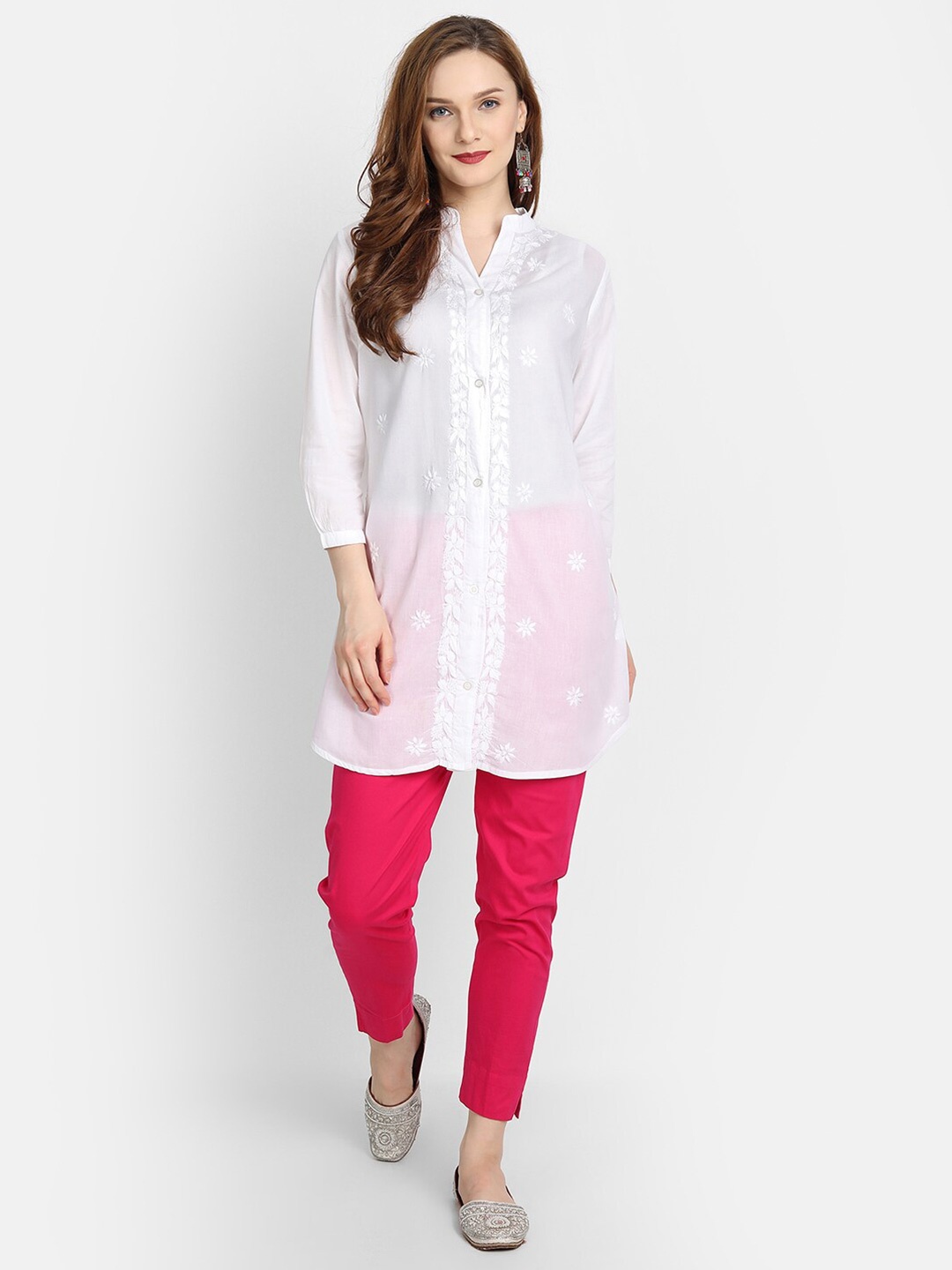 

HOUSE OF KARI White Mandarin Collar Cotton Embroidered Tunic