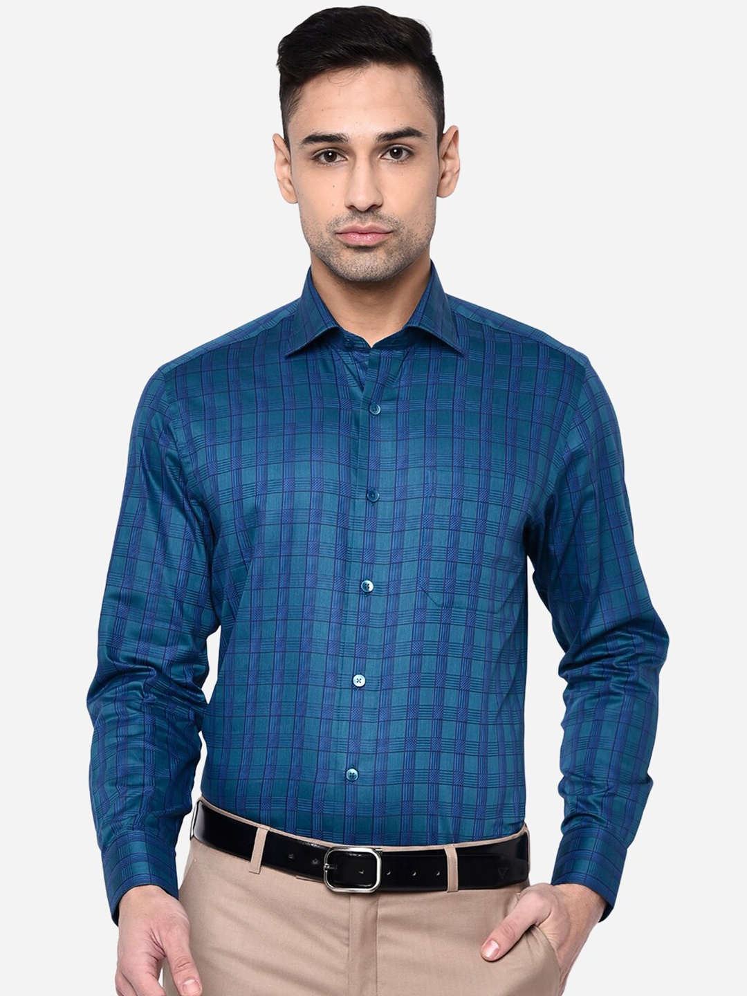 

METAL Men Blue Slim Fit Grid Tattersall Checks Checked Pure Cotton Formal Shirt