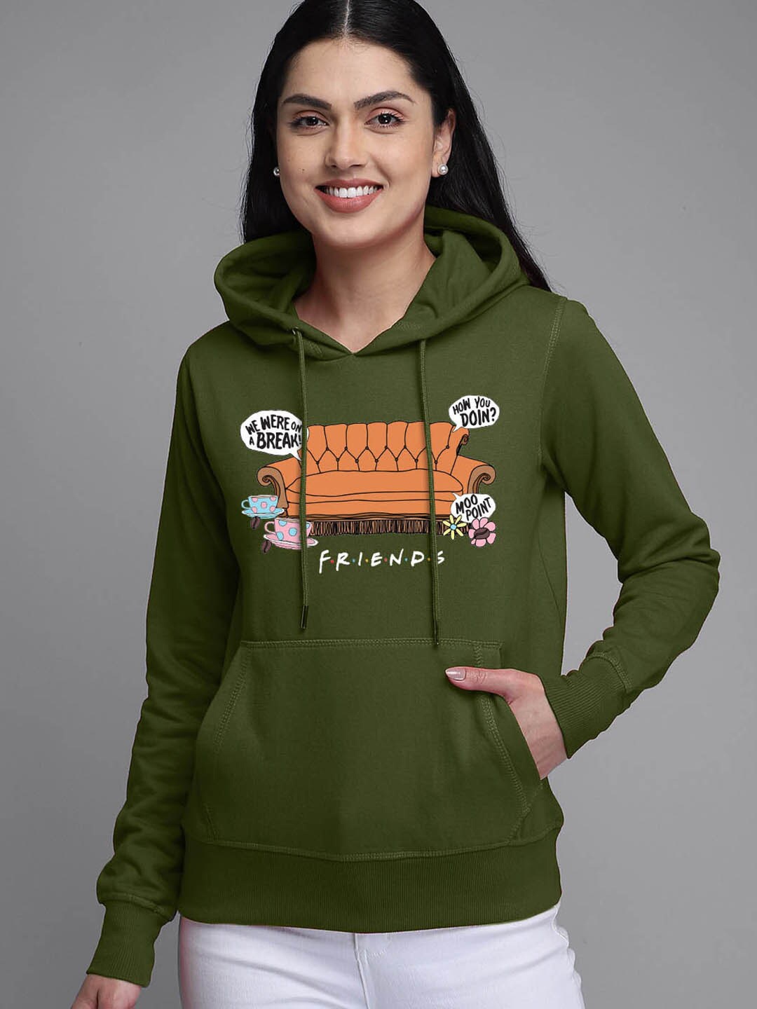 

Free Authority Friends Women Green Printed Hooded Sweatshirt