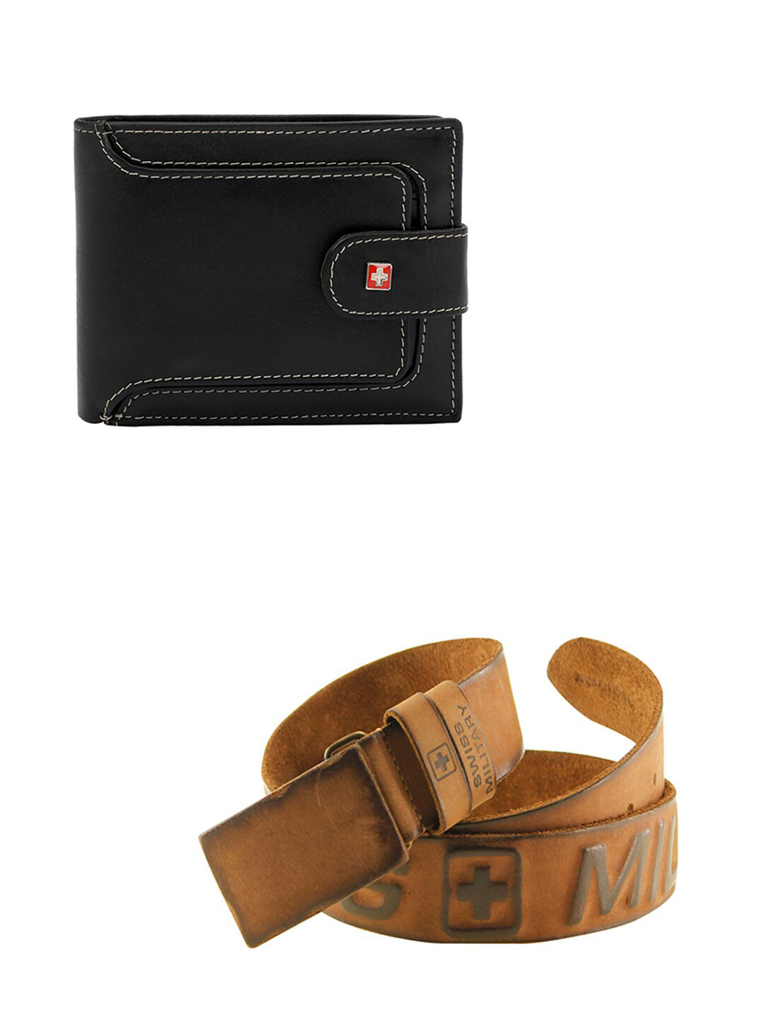 

SWISS MILITARY Men Black & Brown Leather Two Fold Wallet & Belt Accessory Gift Set
