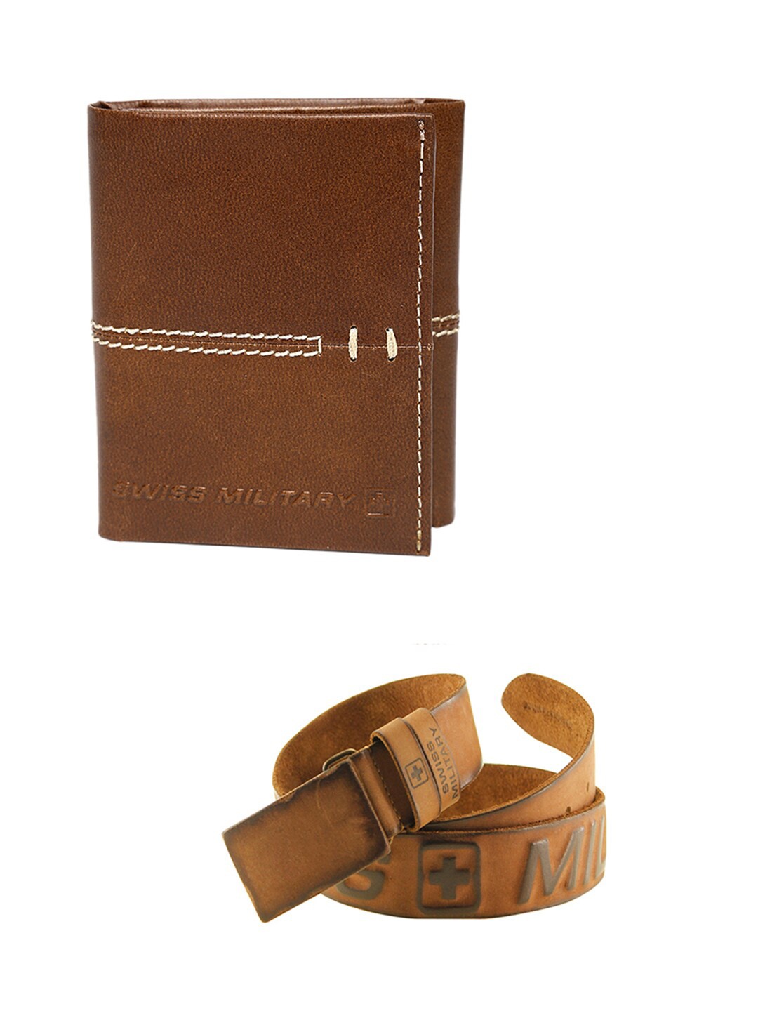 

SWISS MILITARY Men Brown Leather Three Fold Wallet & Belt Accessory Gift Set