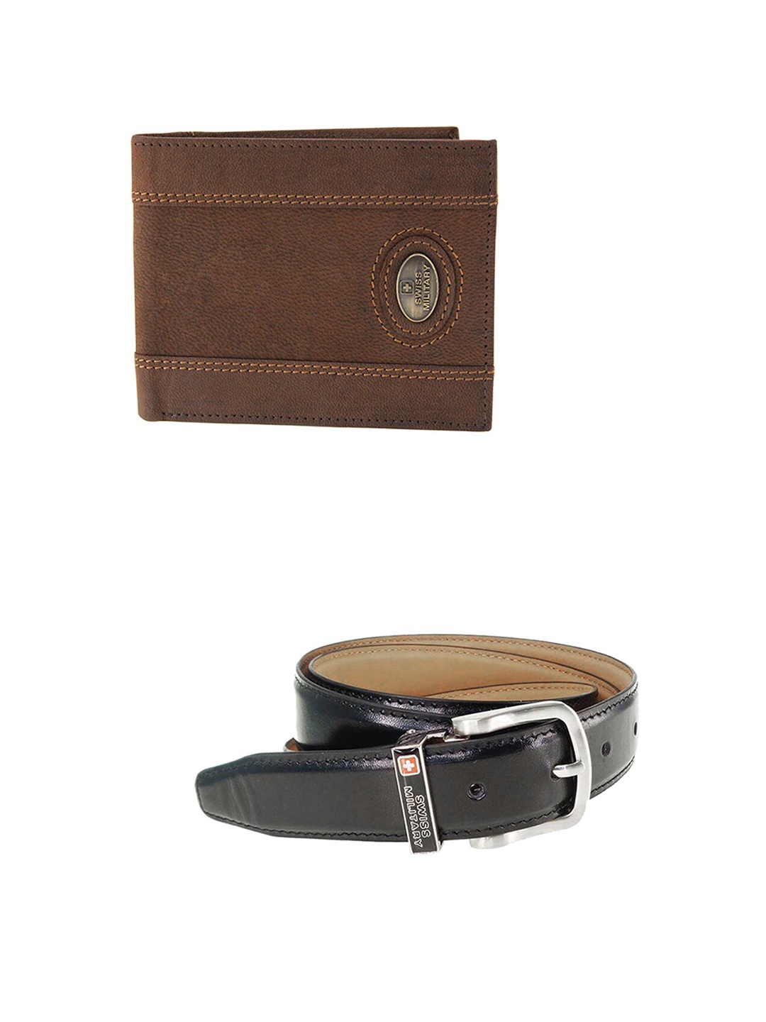 

Swiss Military Men Brown Leather Wallet & Belt Set