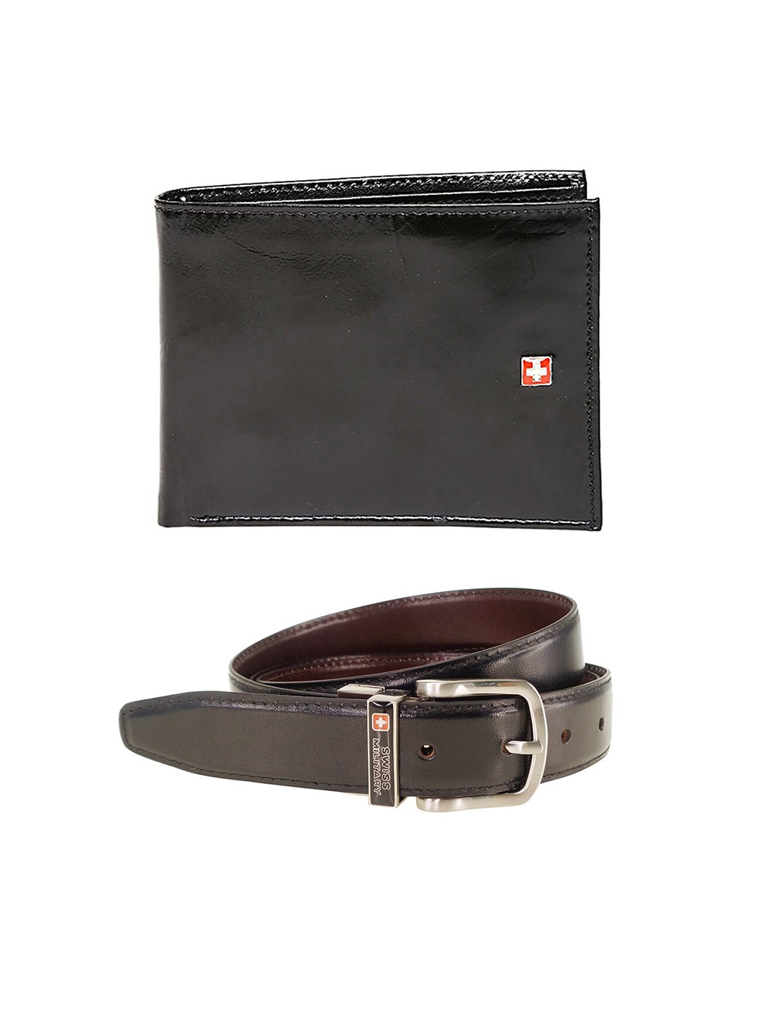 

SWISS MILITARY Men Black & Brown Leather Two Fold Wallet & Belt Accessory Gift Set