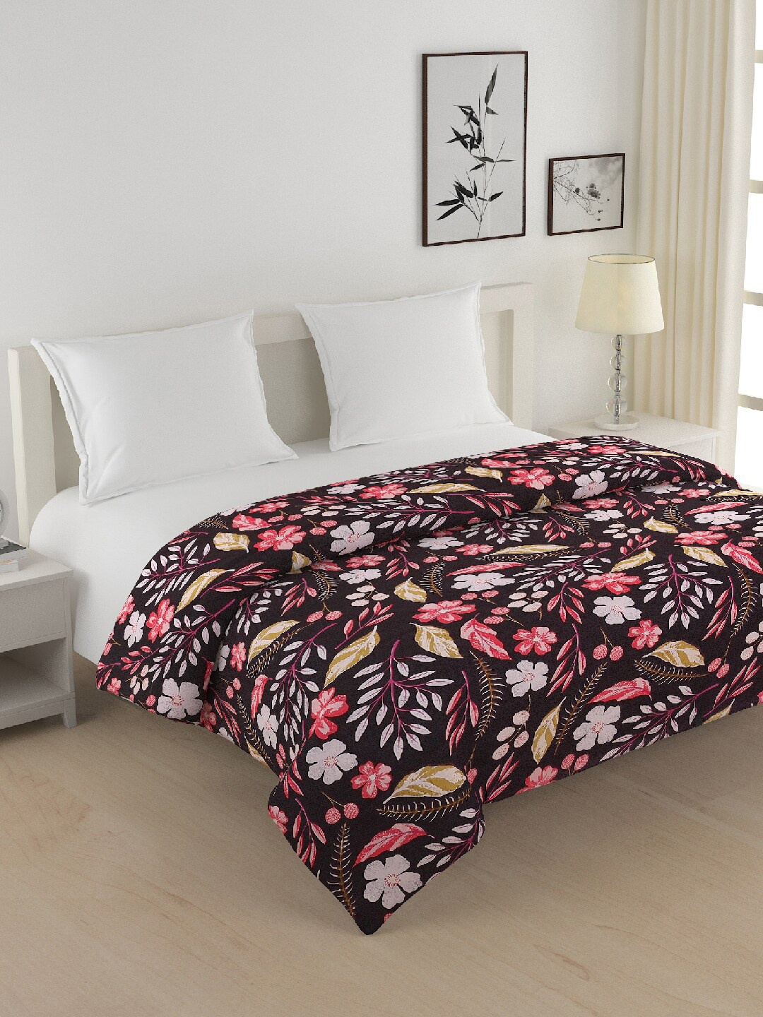 

SWAYAM Black & Pink Floral Heavy Winter 350 GSM Double Bed Quilt