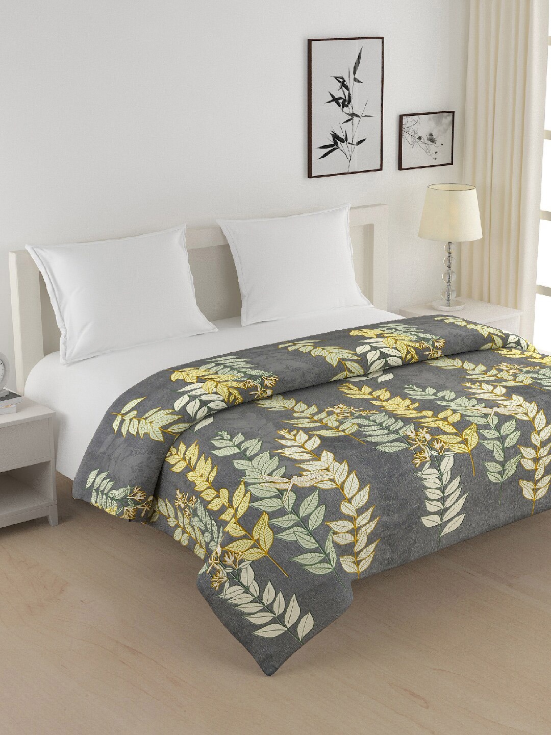 

SWAYAM Grey & Yellow Floral AC Room 150 GSM Double Bed Comforter