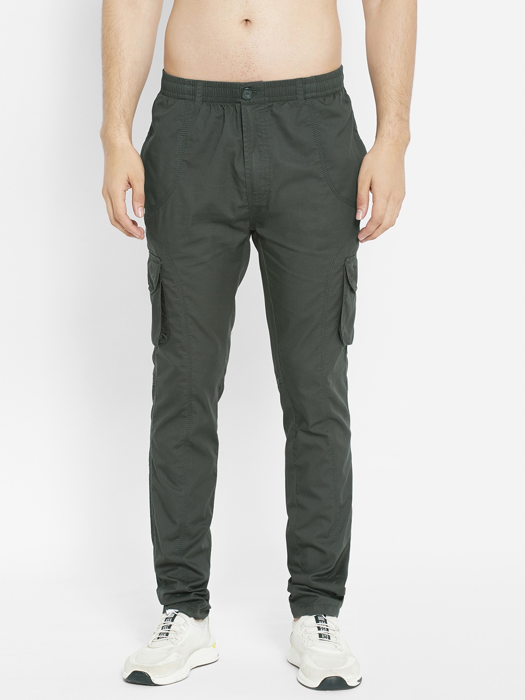 

SAPPER Men Olive Green Slim Fit Easy Wash Pure Cotton Cargos Trousers